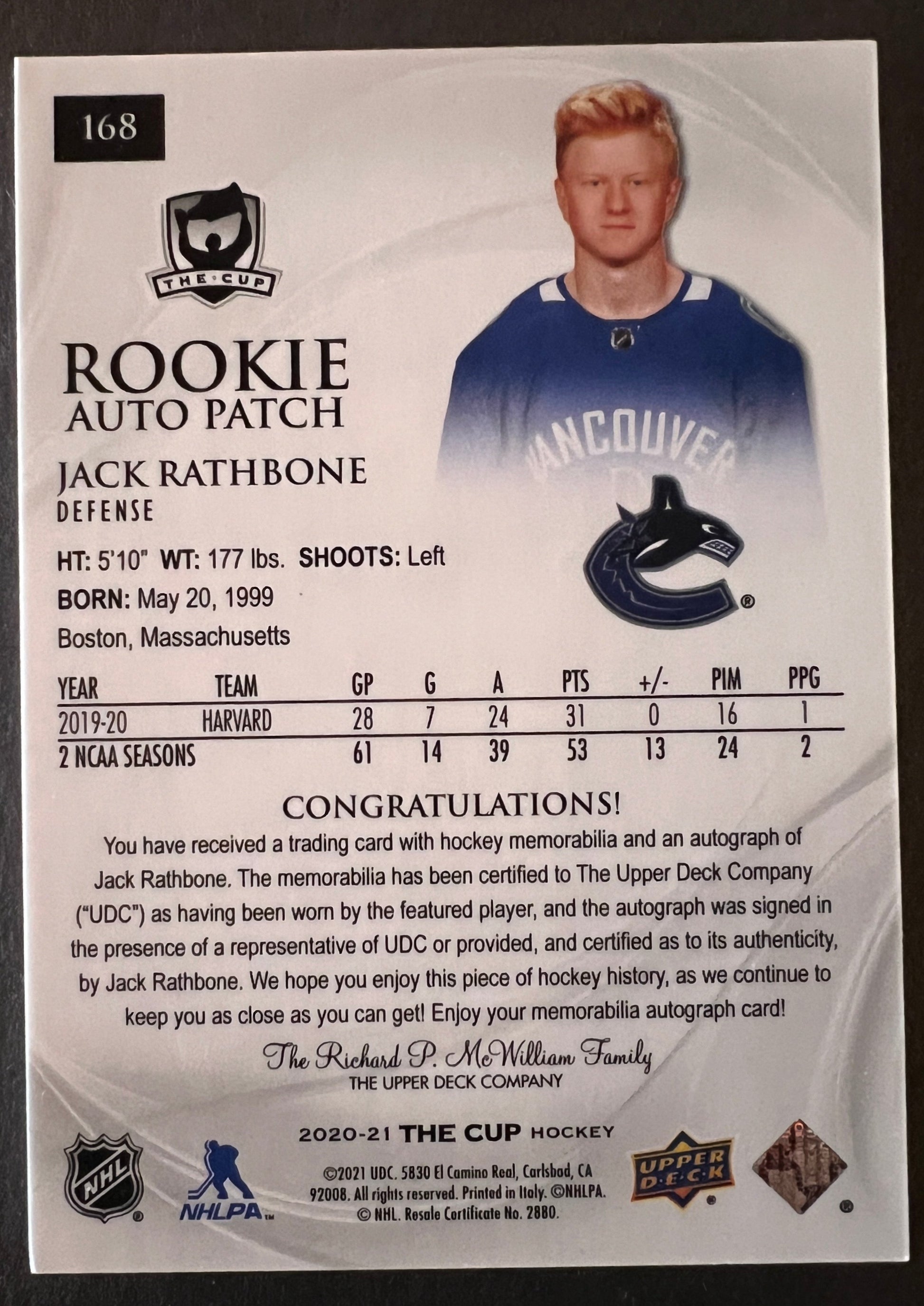 Jack Rathbone Rookie Auto Patch /249 - 2020/21 The Cup