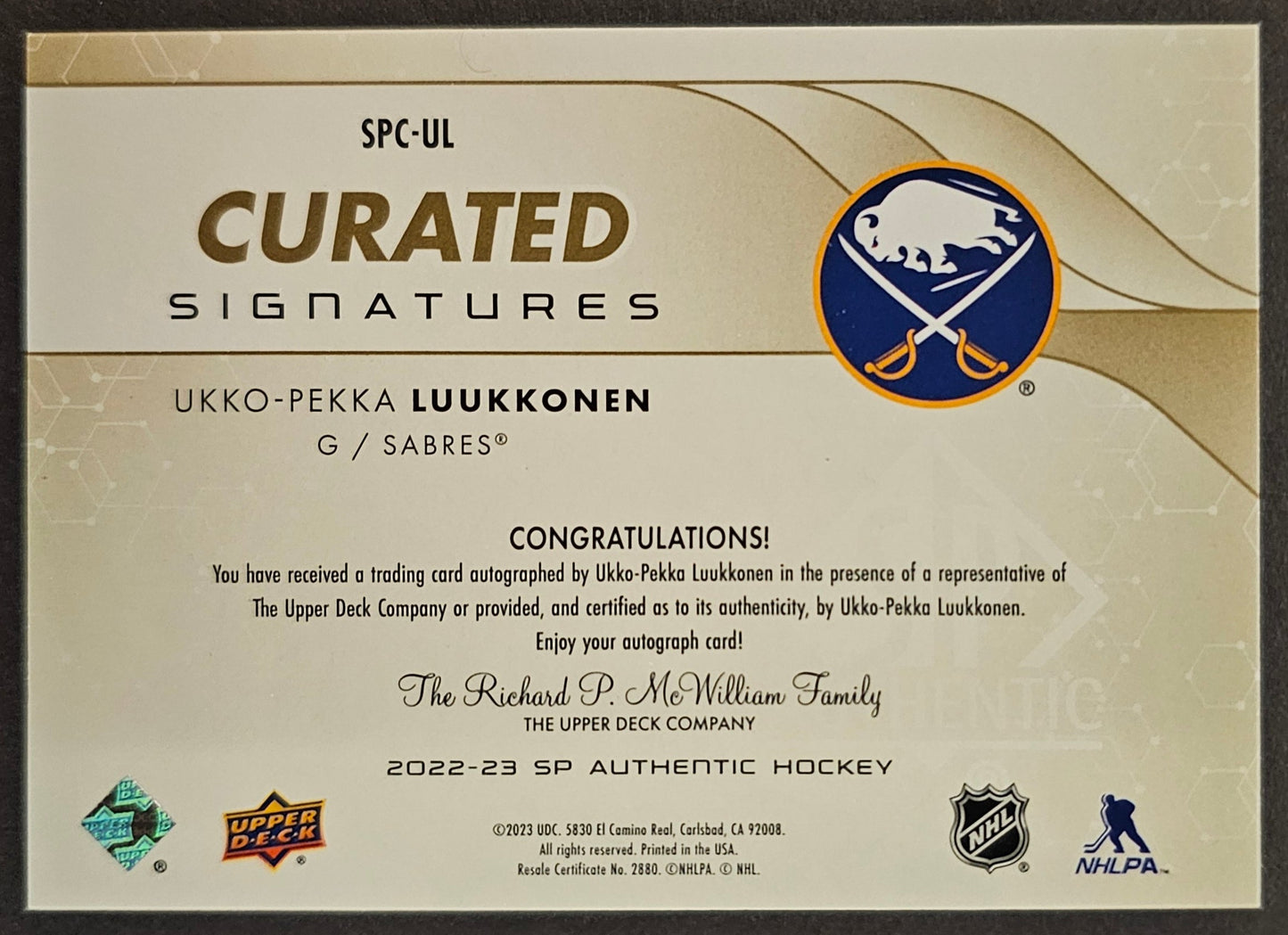 Ukko-Pekka Luukkonen Curated Signatures Auto - 2022/23 SP Authentic