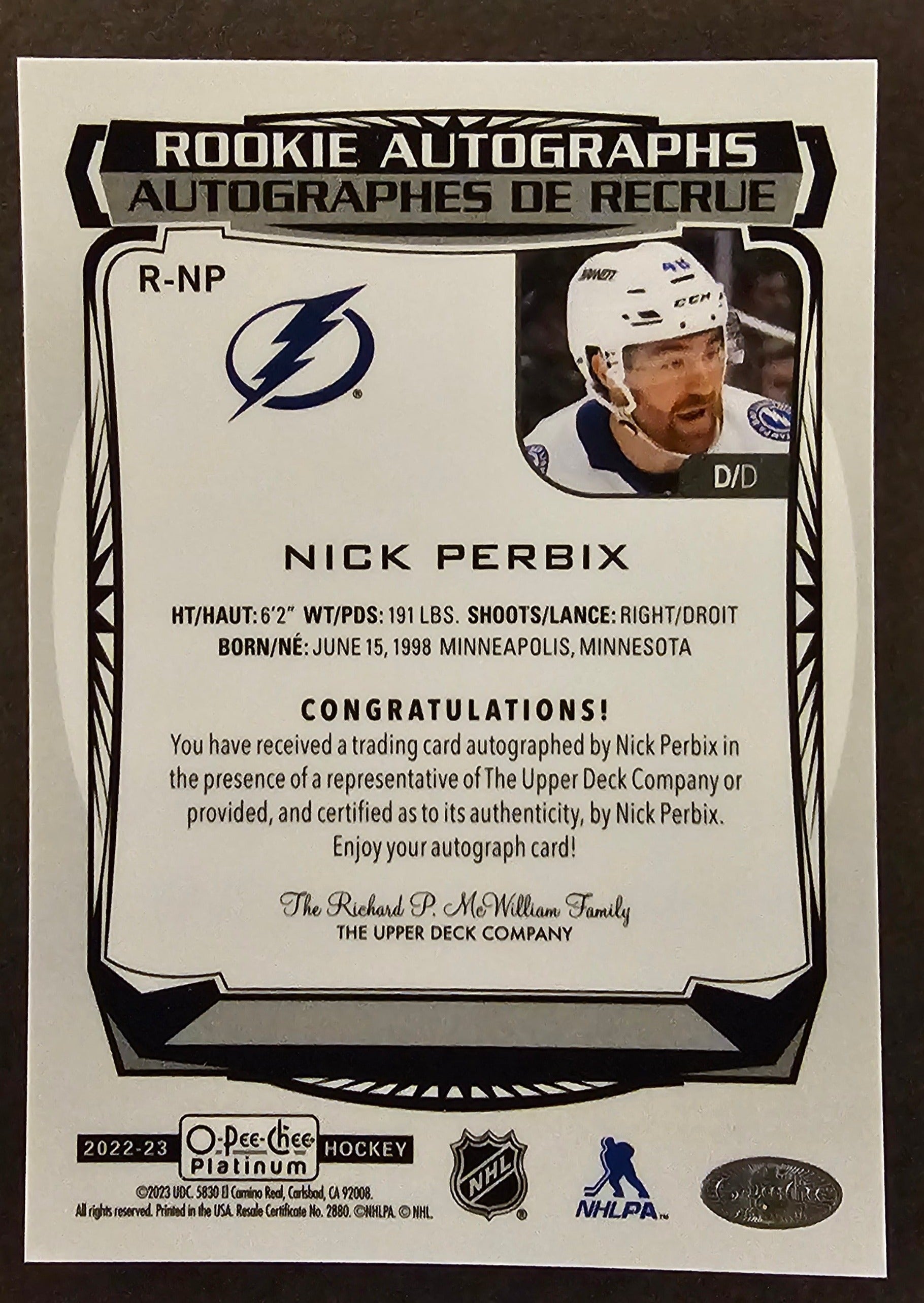 Nick Perbix Rookie Autographs - 2022/23 O-Pee-Chee Platinum