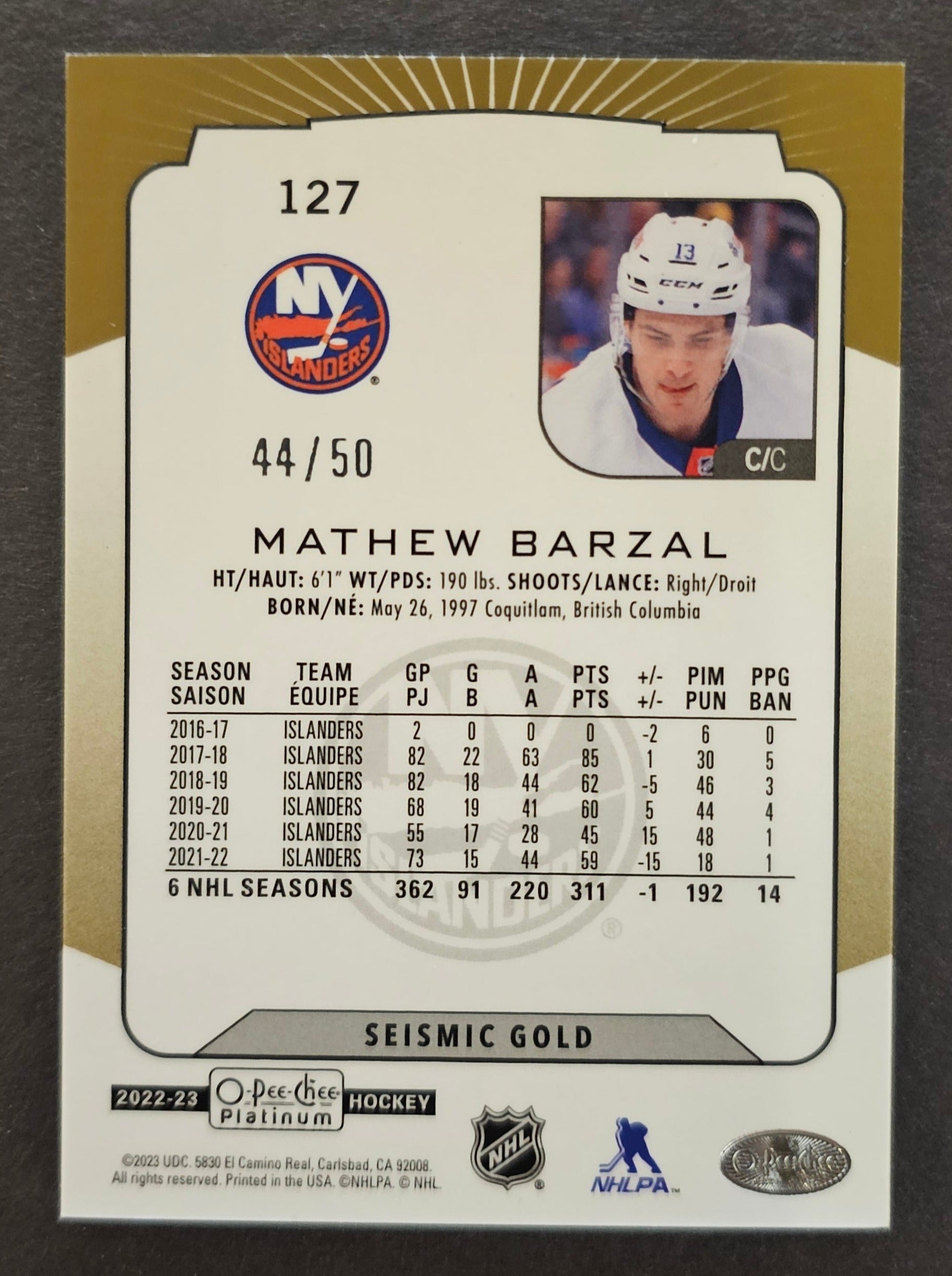 Mathew Barzal Seismic Gold /50 - 2022/23 O-Pee-Chee Platinum