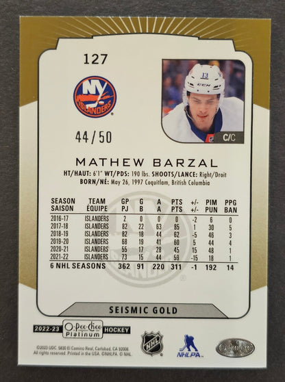 Mathew Barzal Seismic Gold /50 - 2022/23 O-Pee-Chee Platinum