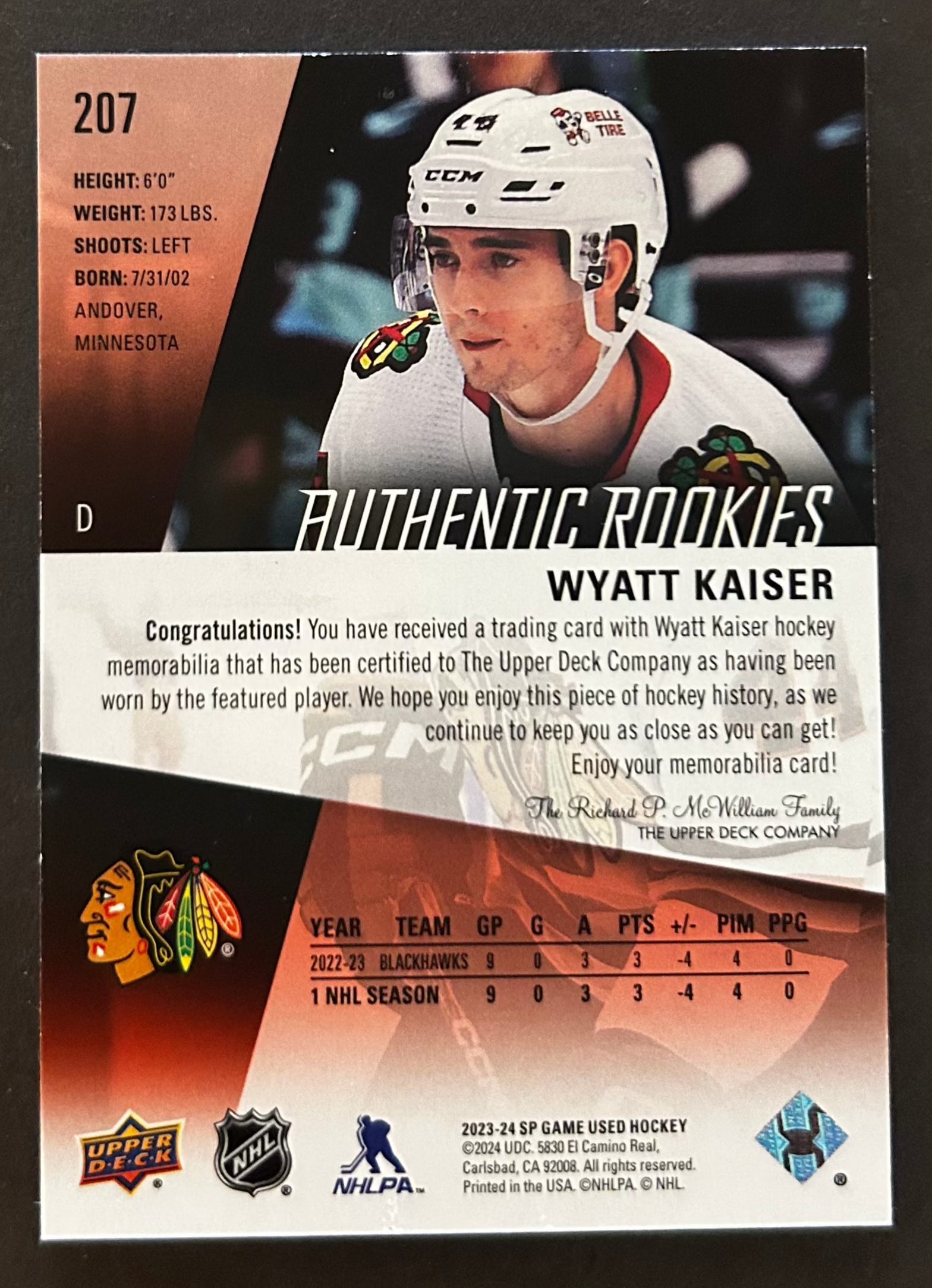 Wyatt Kaiser Authentic Rookies Jersey - 2023/24 SP Game Used