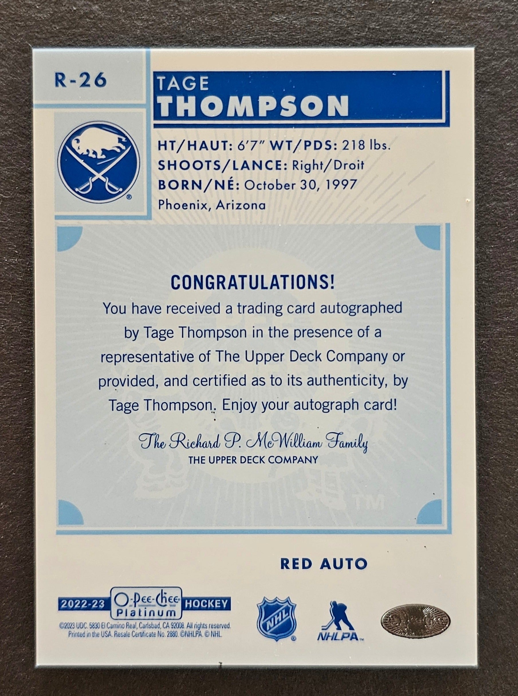 Tage Thompson Retro Red Auto - 2022/23 O-Pee-Chee Platinum