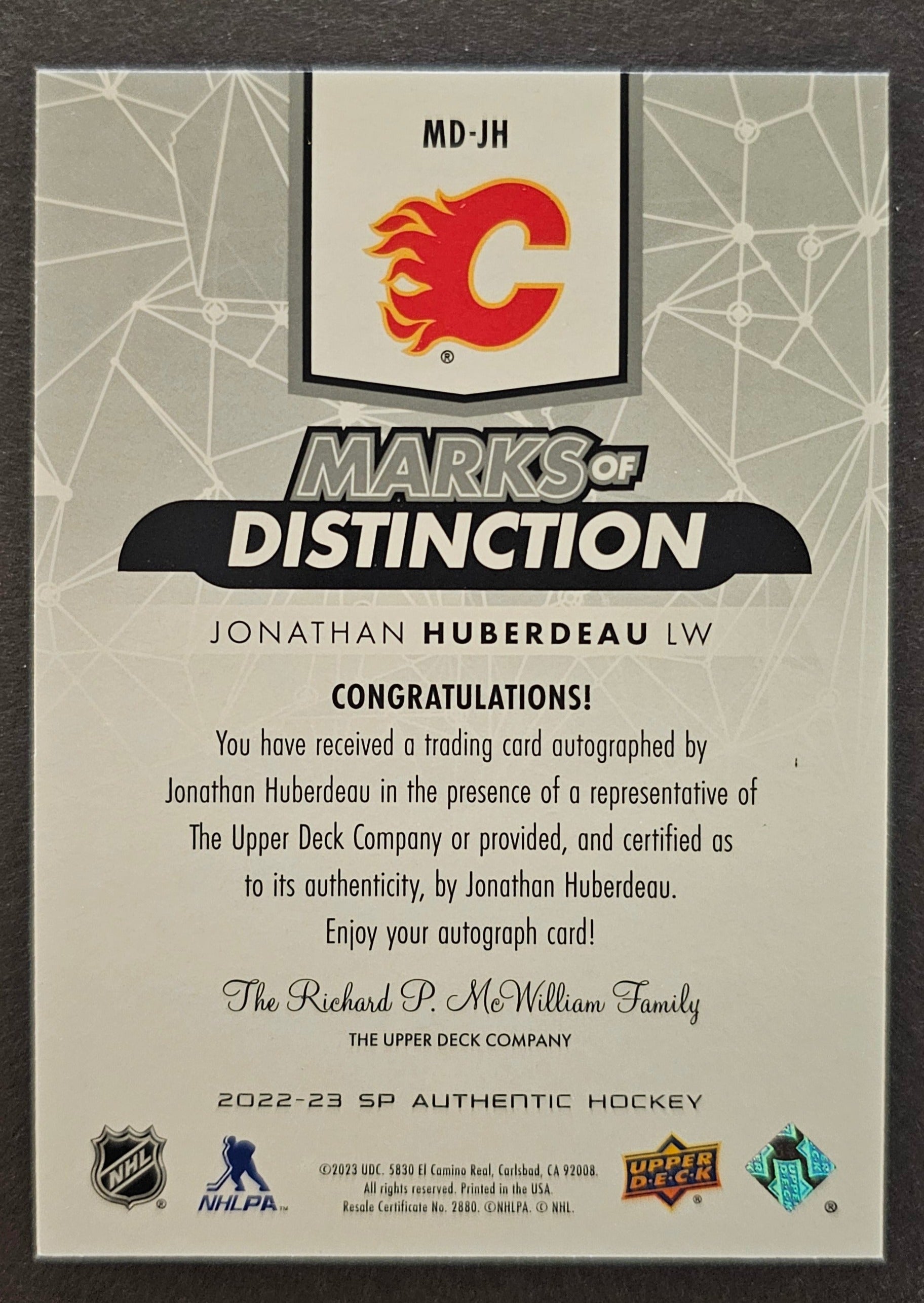 Jonathan Huberdeau Marks Of Distinction Auto /25 - 2022/23 SP Authentic