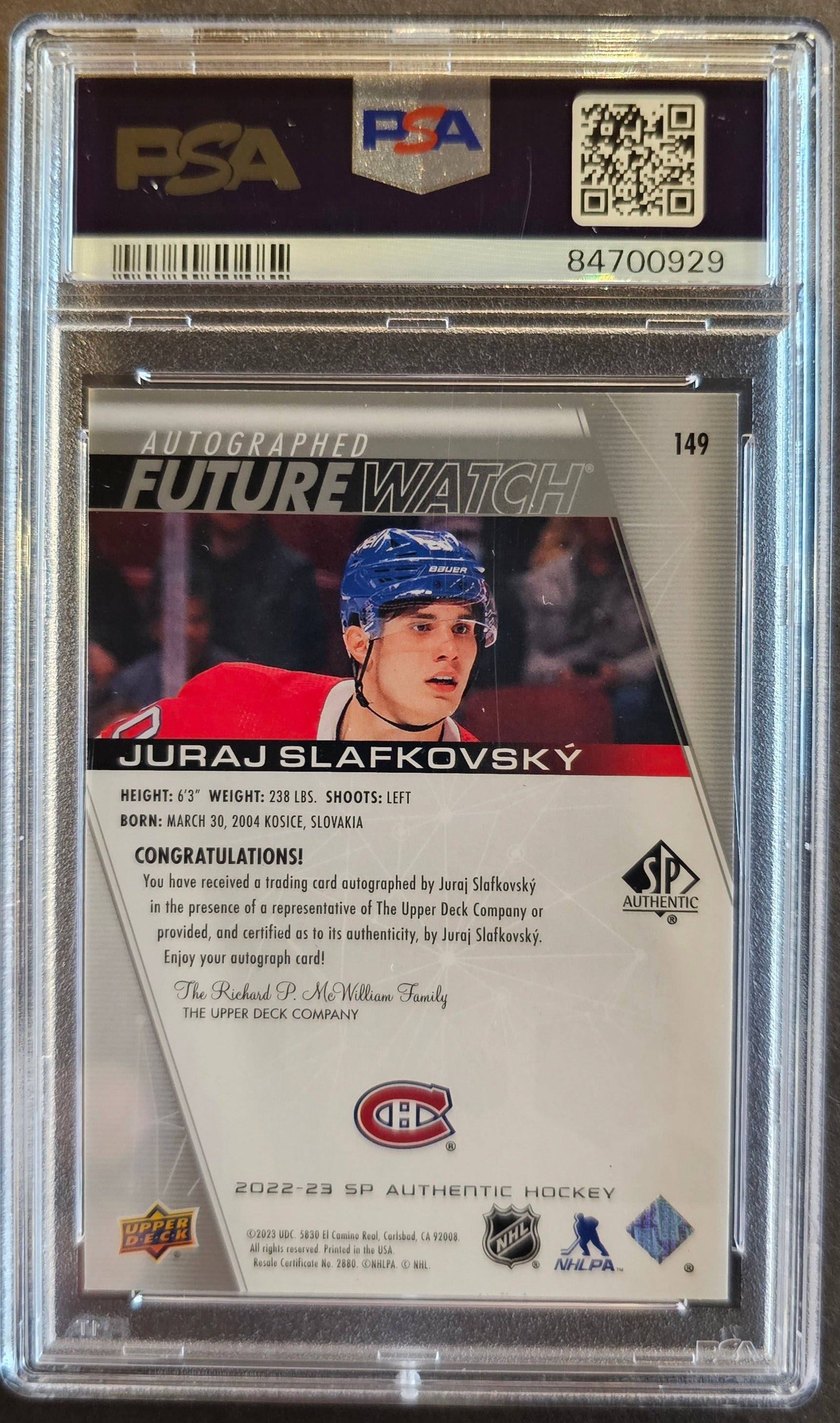 Juraj Slafkovsky Future Watch Auto /999 - Graded PSA 10 - 2022/23 SP Authentic