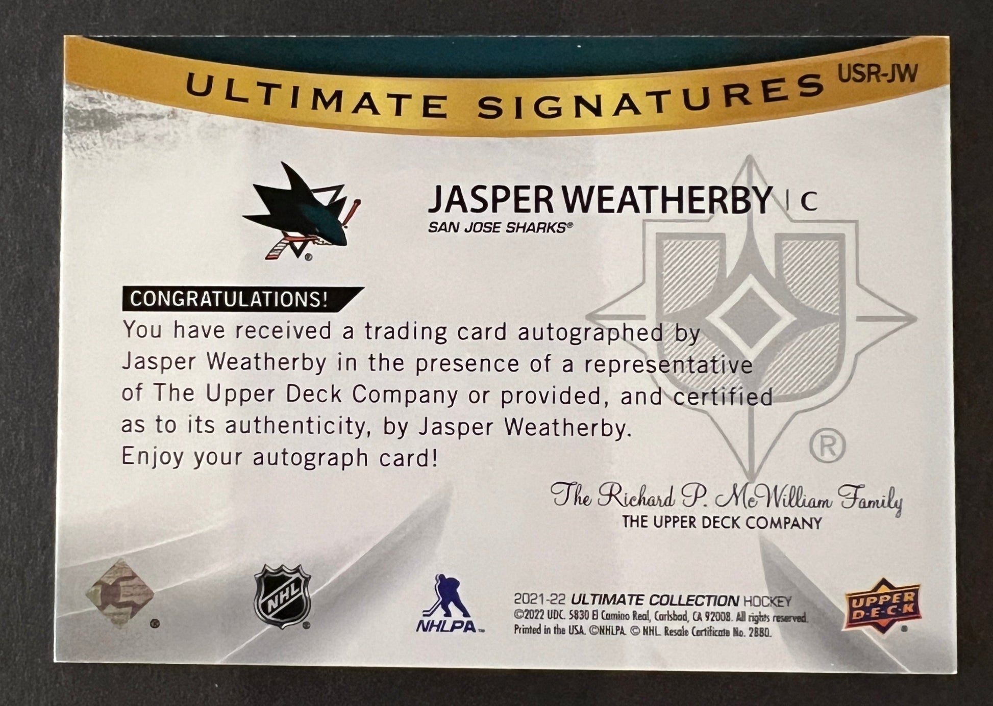 Jasper Weatherby Ultimate Signatures Rookies - 2021/22 Ultimate