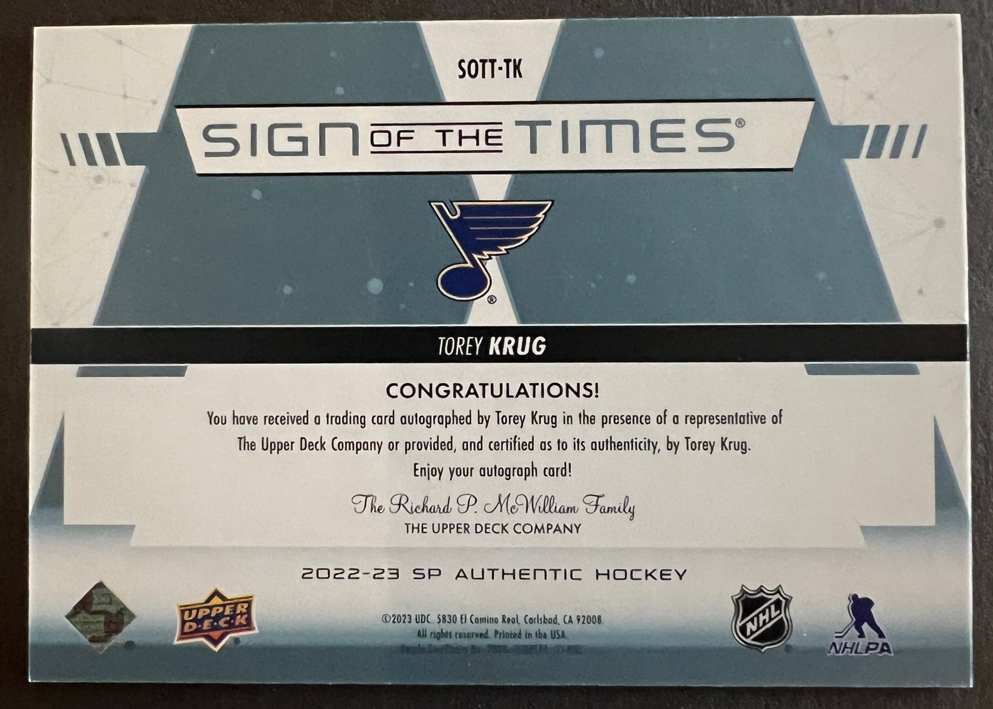 Tory Krug Sign Of The Times Auto - 2022/23 SP Authentic