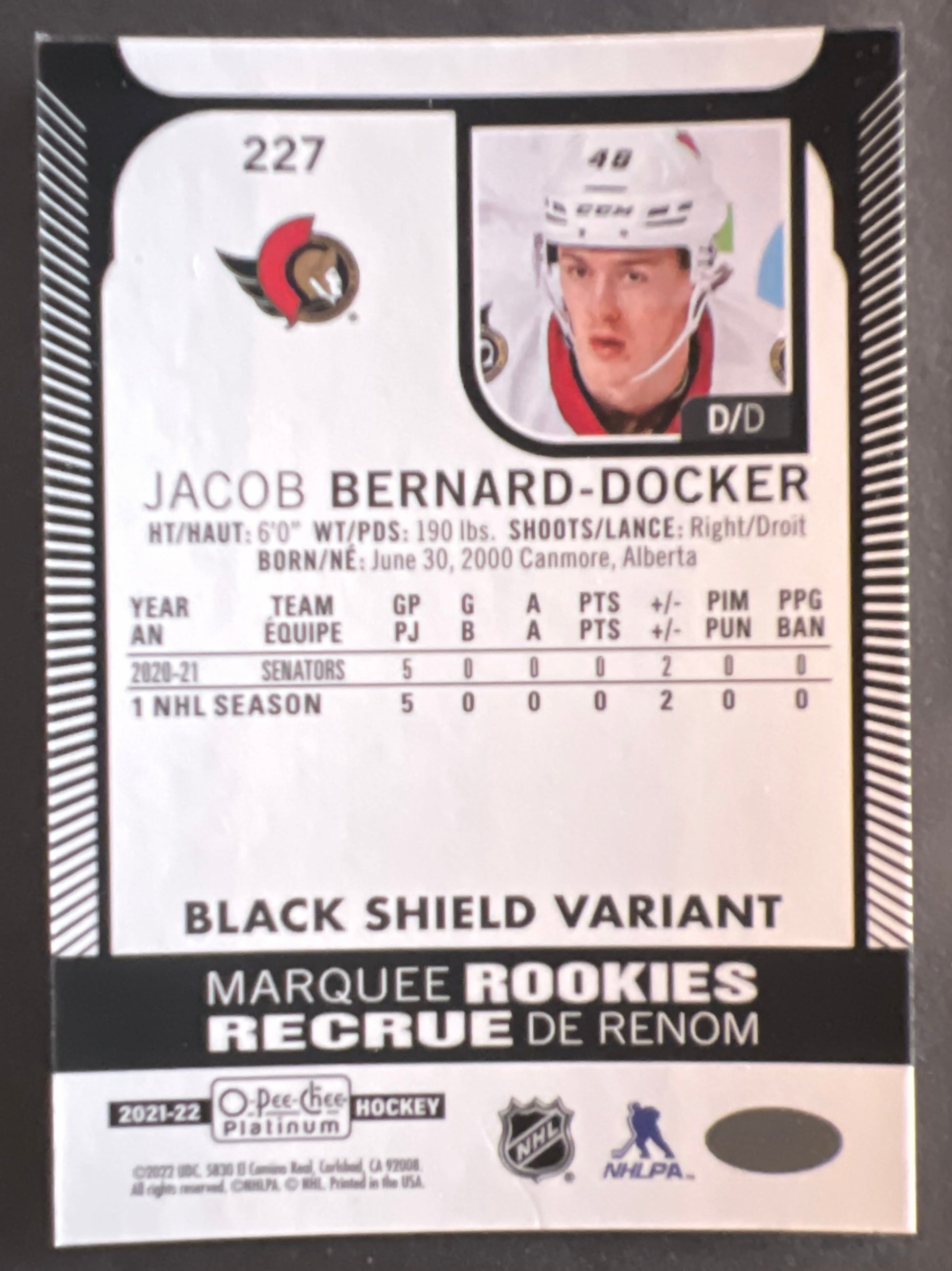 Jacob Bernard-Docker Marquee Rookies Black Shield Variant - 2021/22 O-Pee-Chee Platinum