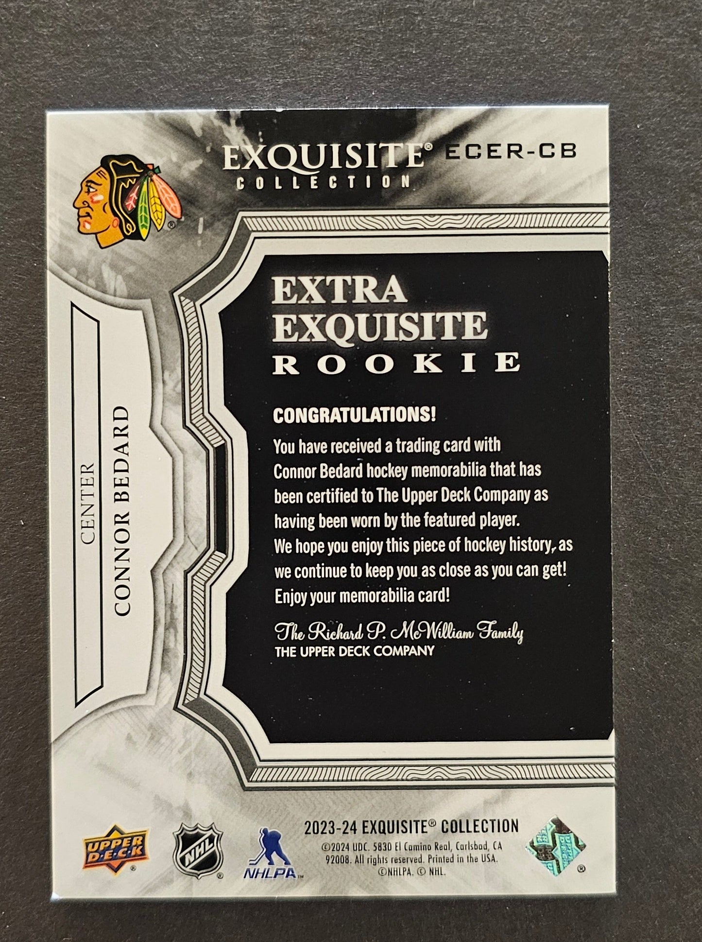 Connor Bedard Extra Exquisite Rookie Jersey - 2023/24 Black Diamond