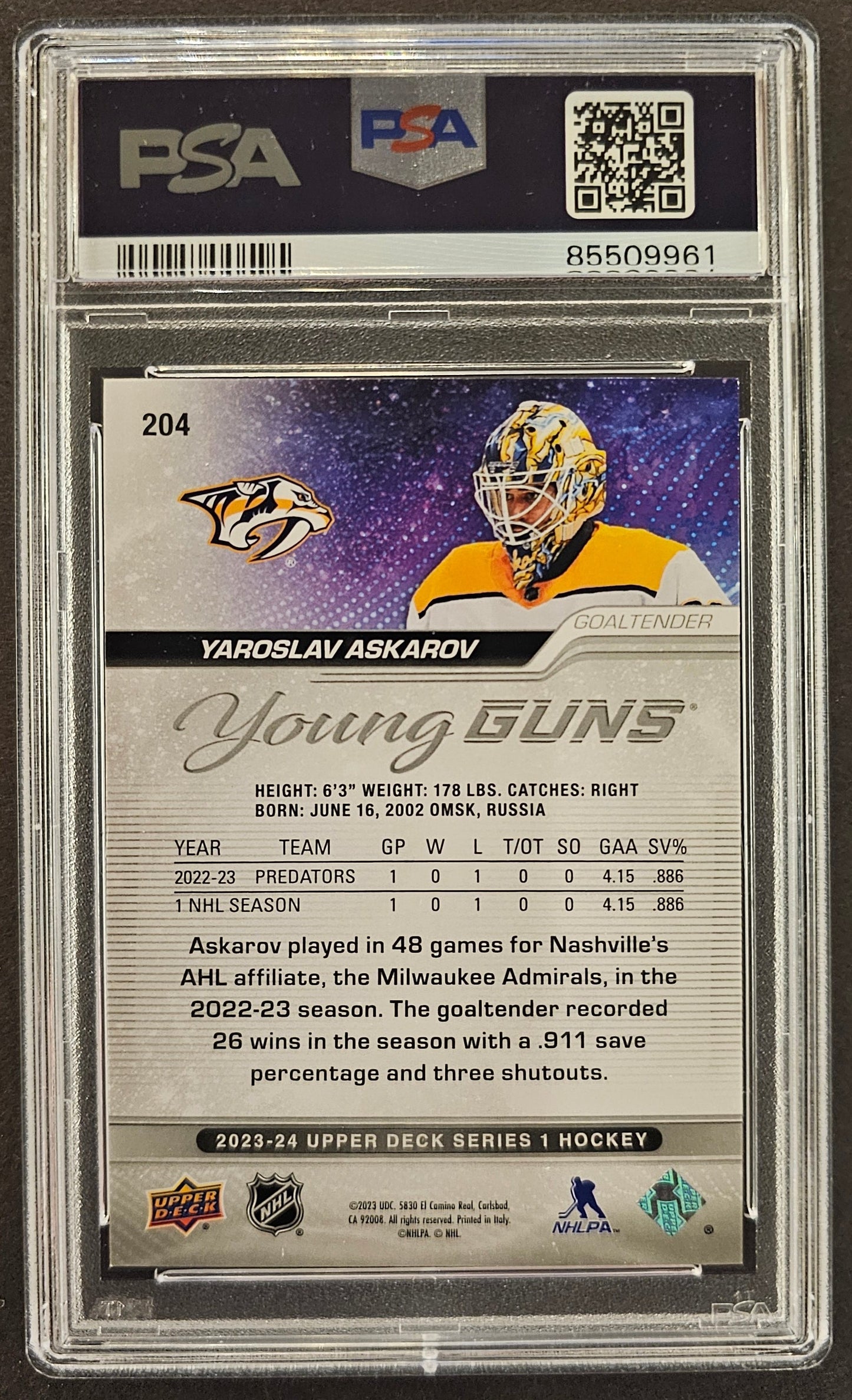 Yaroslav Askarov Young Guns #204 Graded PSA 9 - 2023/24 Series 1