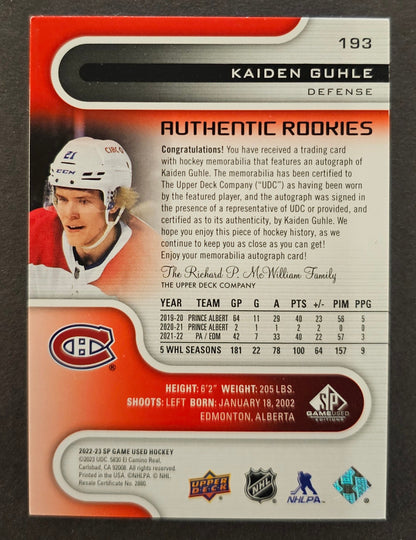 Kaiden Guhle Authentic Rookies Jersey Auto /149 - 2022/23 SP Game Used