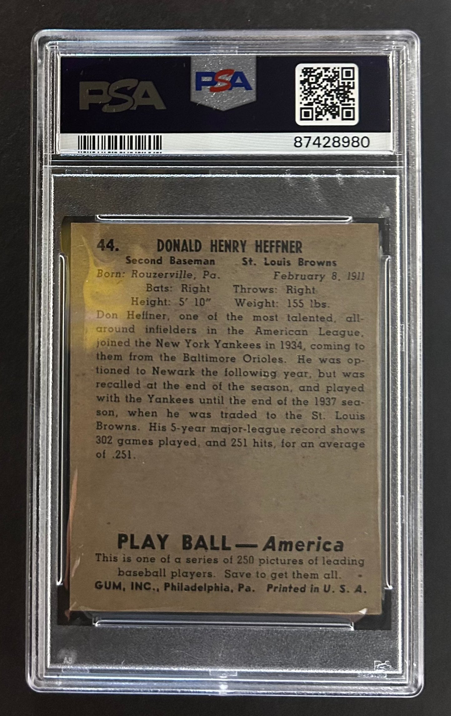 Don Heffner - PSA 5 - 1939 Play Ball 