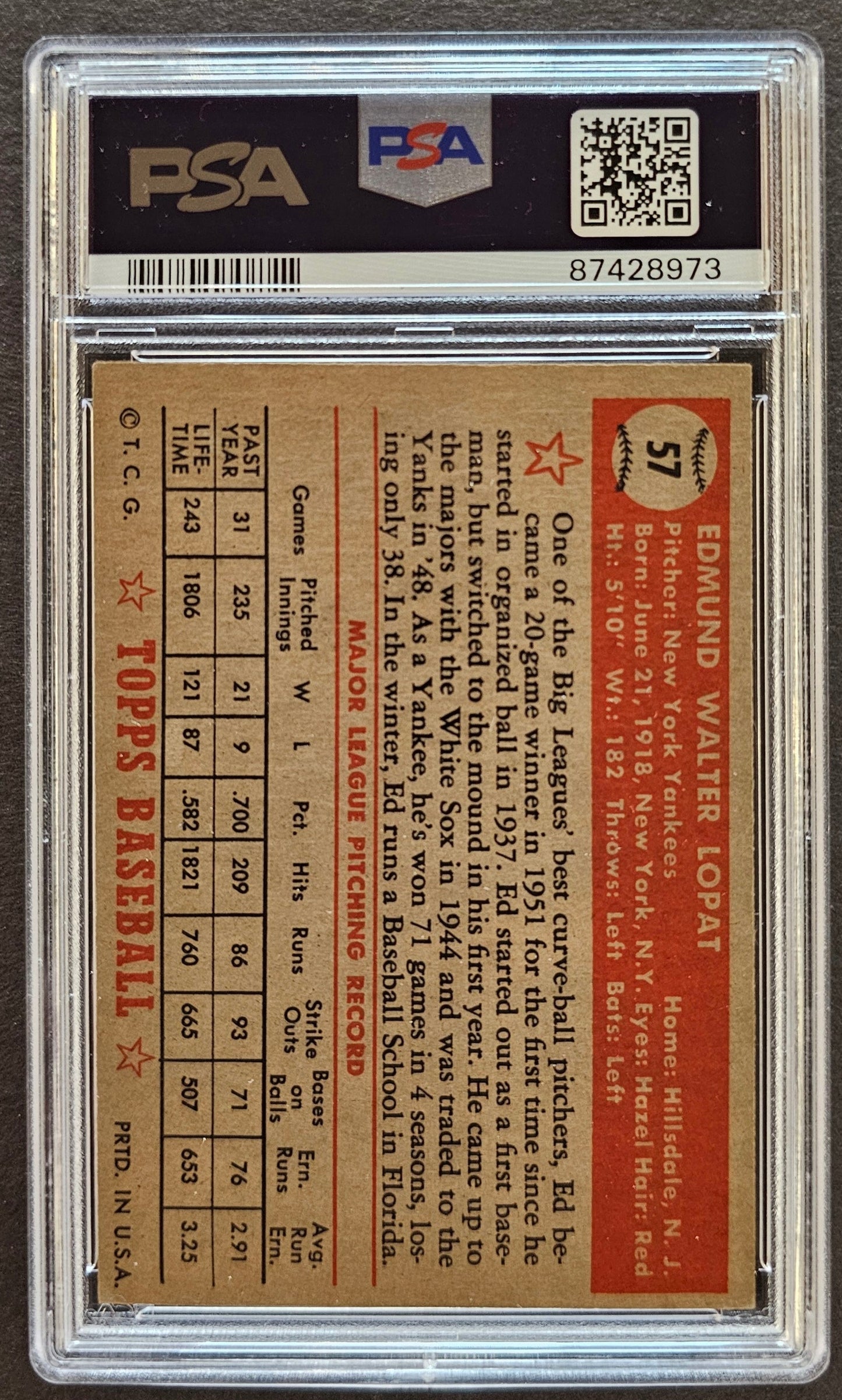 Ed Lopat #57 Graded PSA 6.5  - 1952 Topps