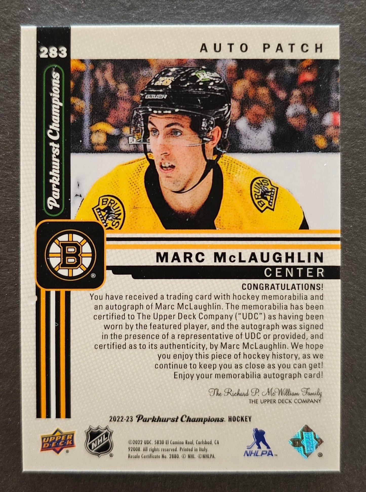 Marc McLaughlin Rookie Auto Patch /35 - 2022/23 Parkhurst Champions