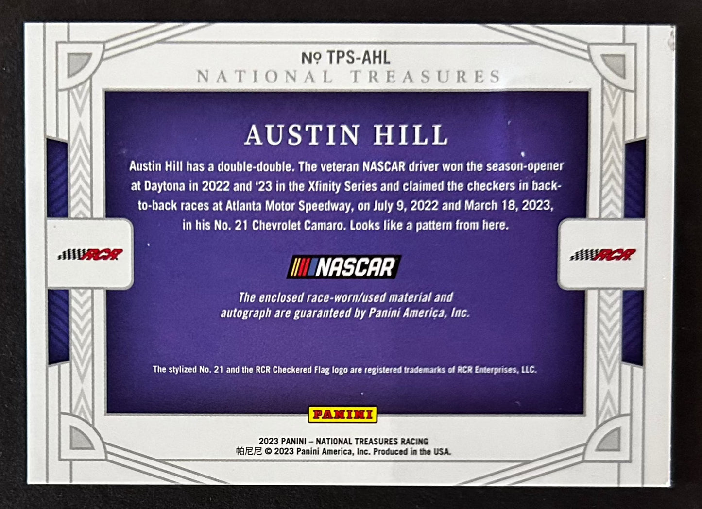 Austin Hill Track Pass Auto Race Used Materials /99 - 2023 Panini National Treasures