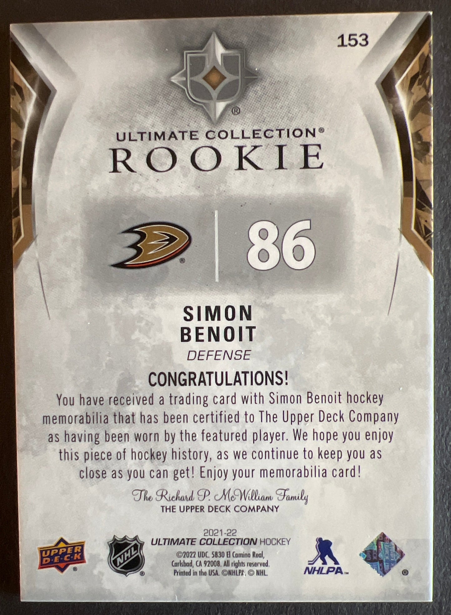 Simon Benoit Rookie Jersey /699 - 2021/22 Ultimate