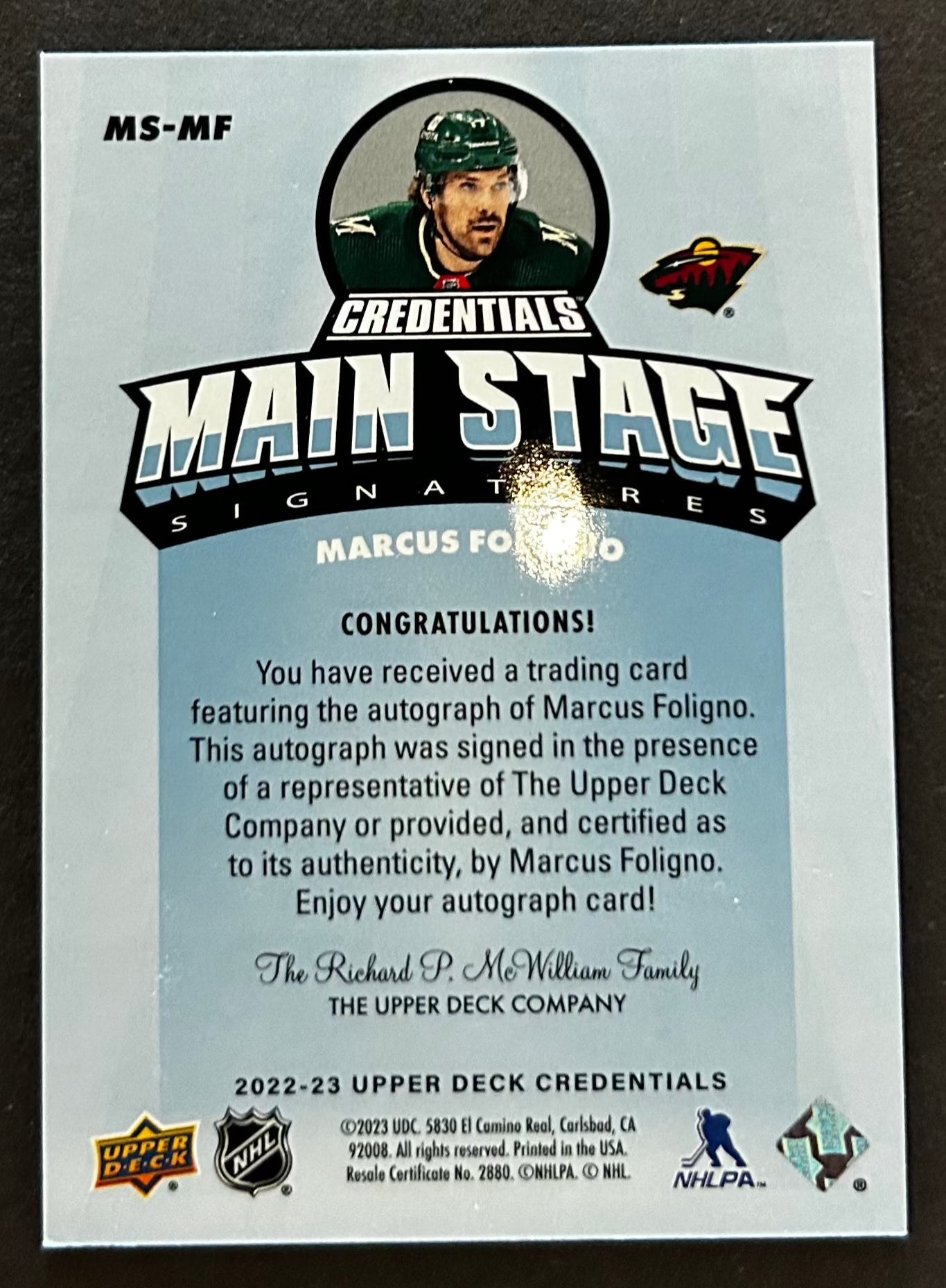 Marcus Foligno Main Stage Signatures Auto - 2022 Credentials