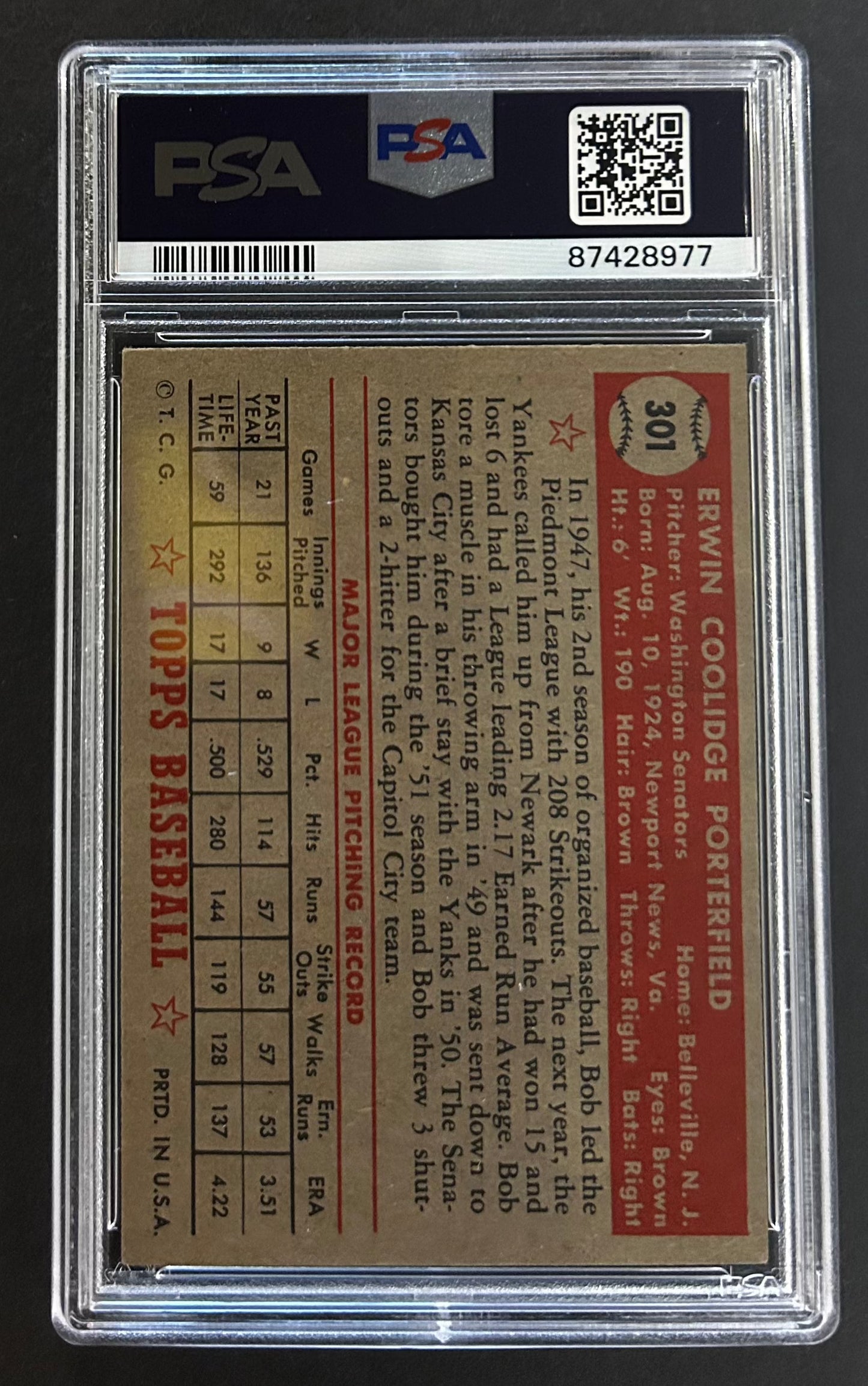 Bob Porterfield - PSA 4.5 - 1952 Topps