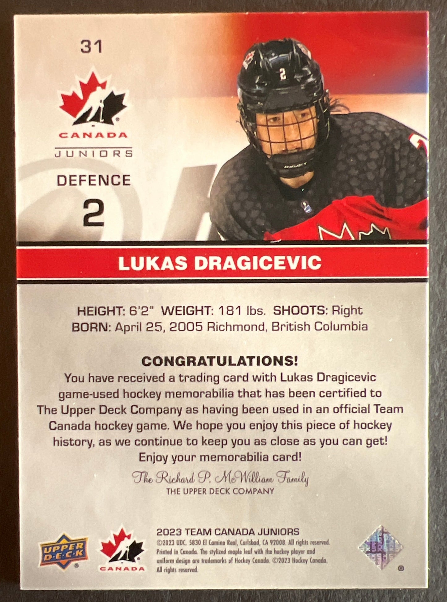 Lucas Dragicevic Jersey - 2023 Team Canada Juniors