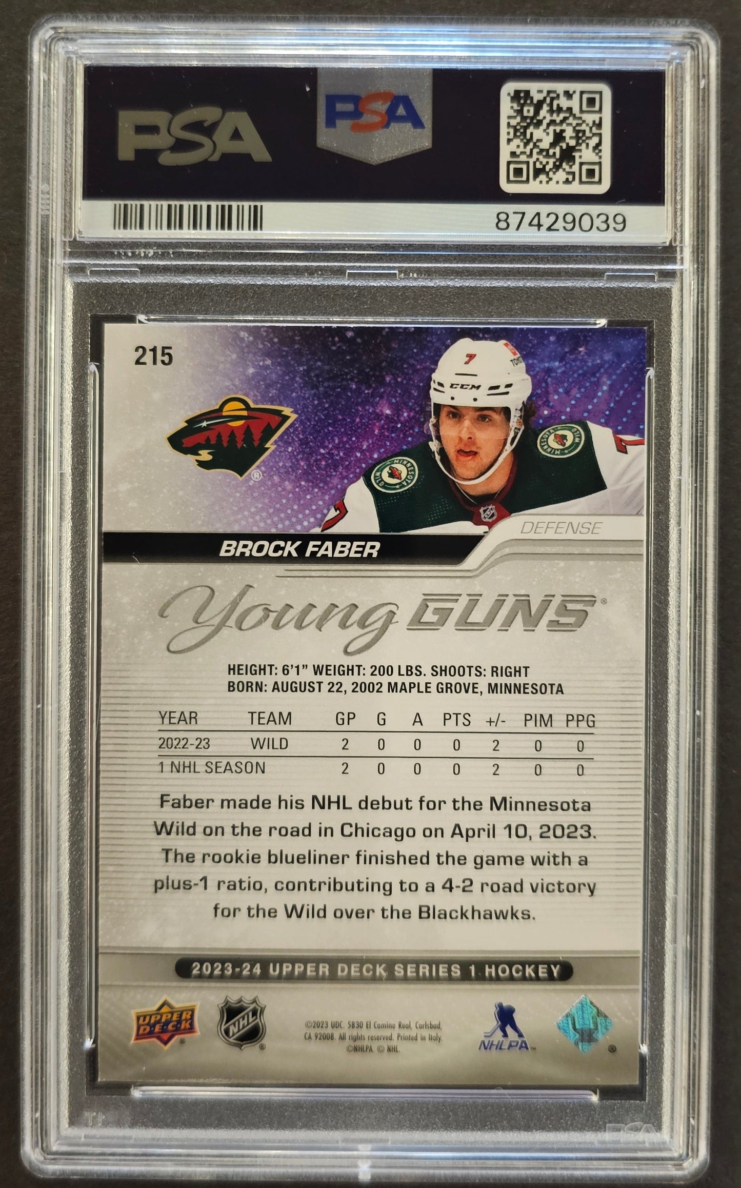 Brock Faber Young Guns Rookie #215 Graded PSA 9 - 2023/24 Series 1