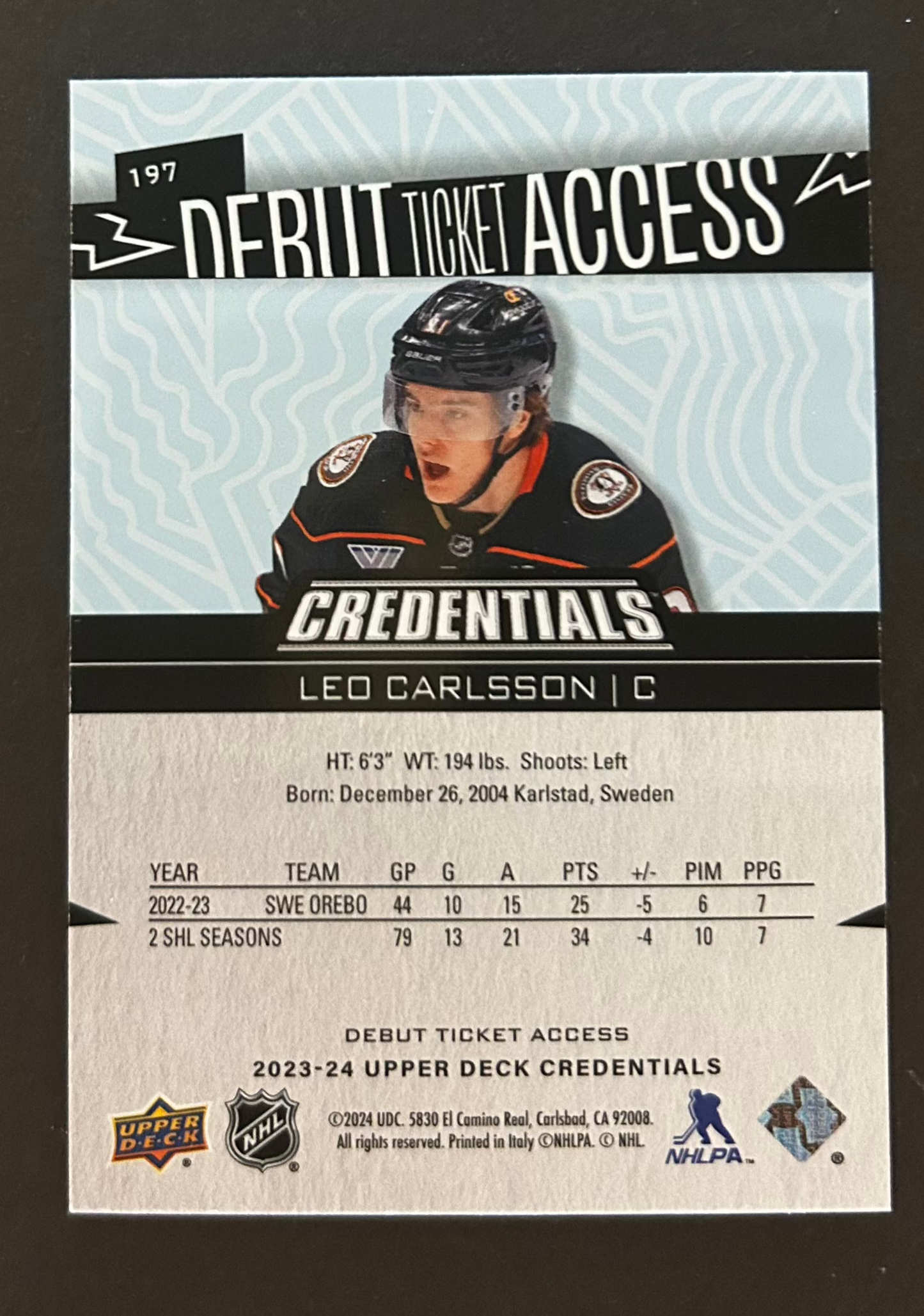 Leo Carlsson Debut Ticket Access /399 - 2023/24 Credentials