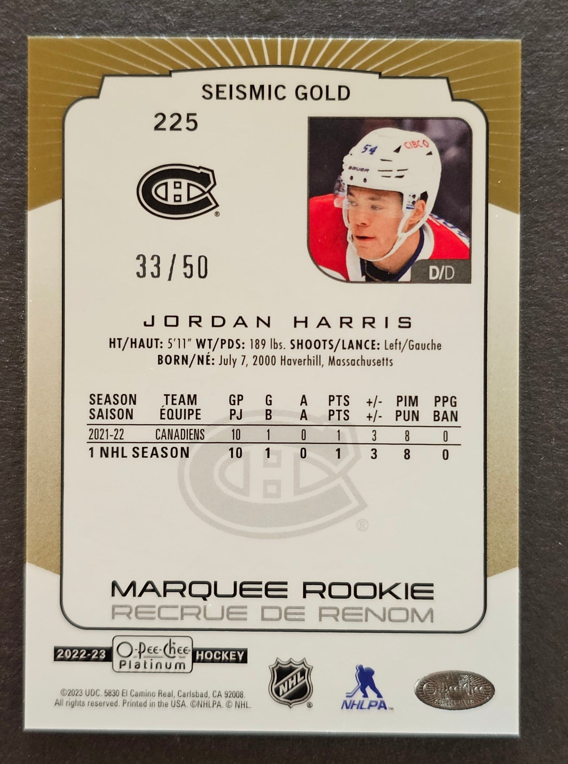 Jordan Harris Marquee Rookie Seismic Gold /50 - 2022/23 O-Pee-Chee Platinum