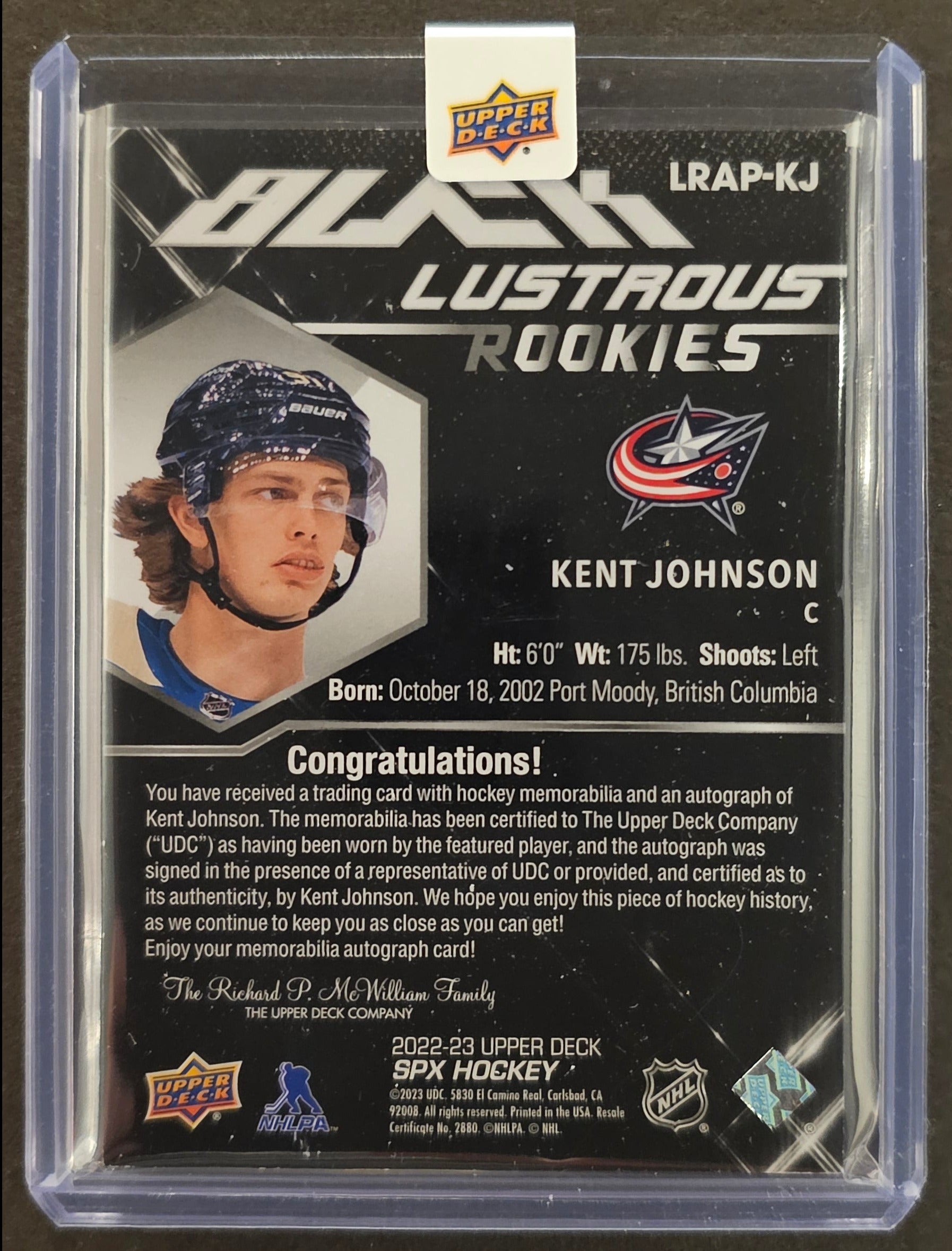 Kent Johnson Black Lustrious Rookie Auto Patch /75 - 2022-23 SPX