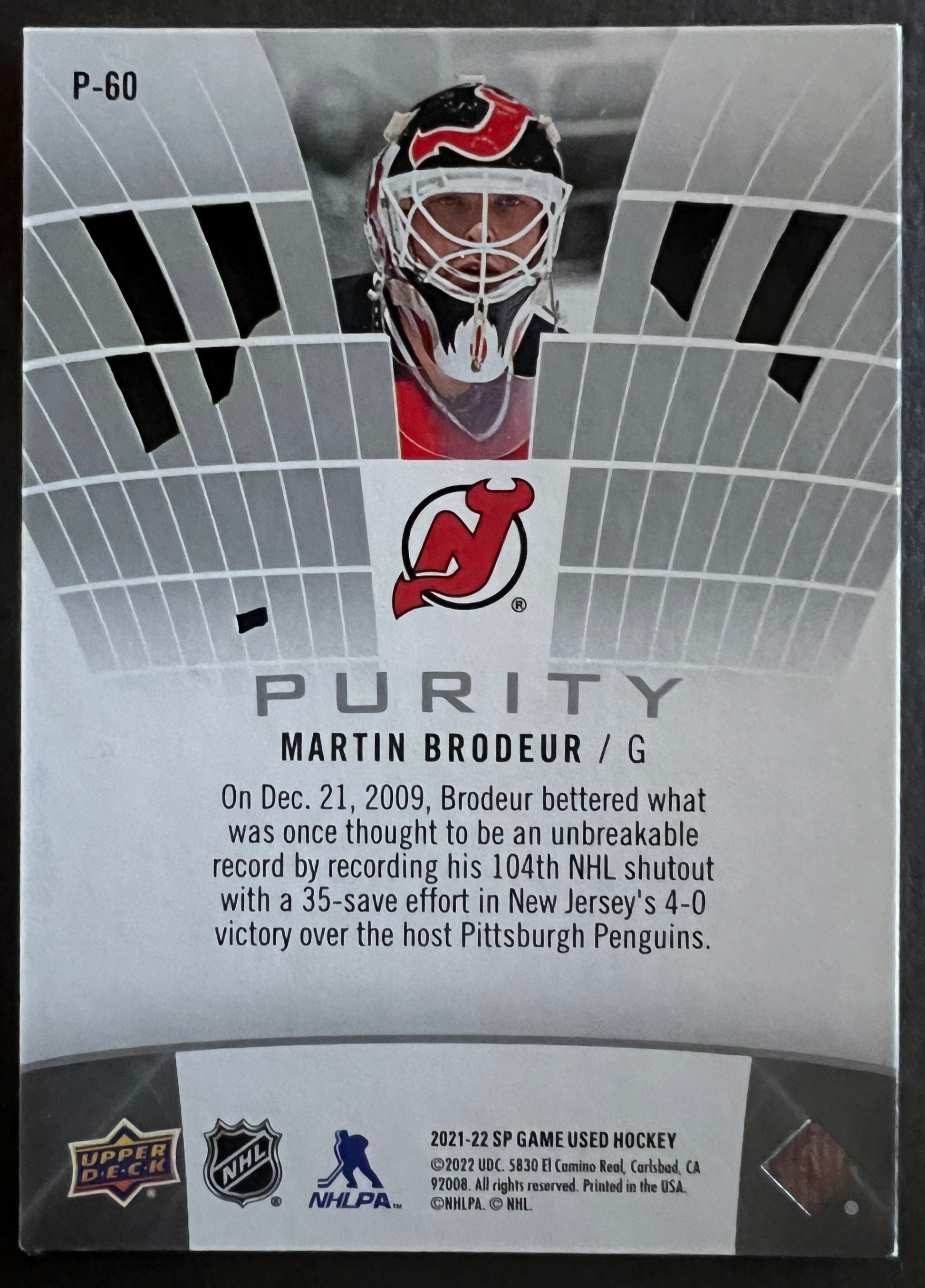 Martin Brodeur Purity Die Cut - 2021/22 SP Game Used