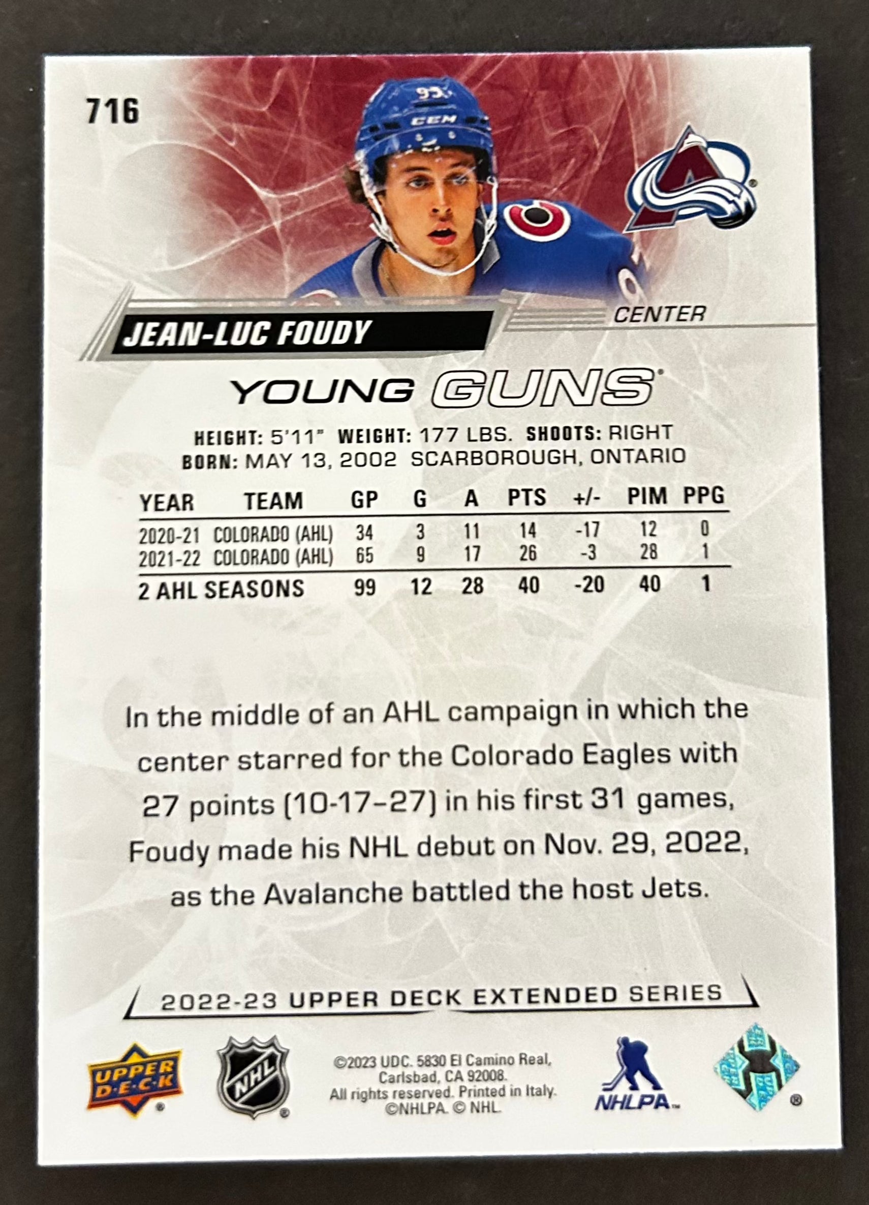 Jean-Luc Foudy UD Exclusives Young Guns /100 - 2022/23 Extended Series