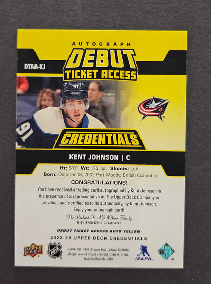 Kent Johnson Debut Ticket Access Auto Yellow /75 - 2022/23 Credentials