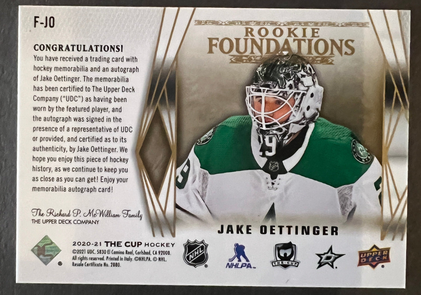 Jake Oettinger Rookie Foundations Patch Auto /5 - 2020/21 The Cup