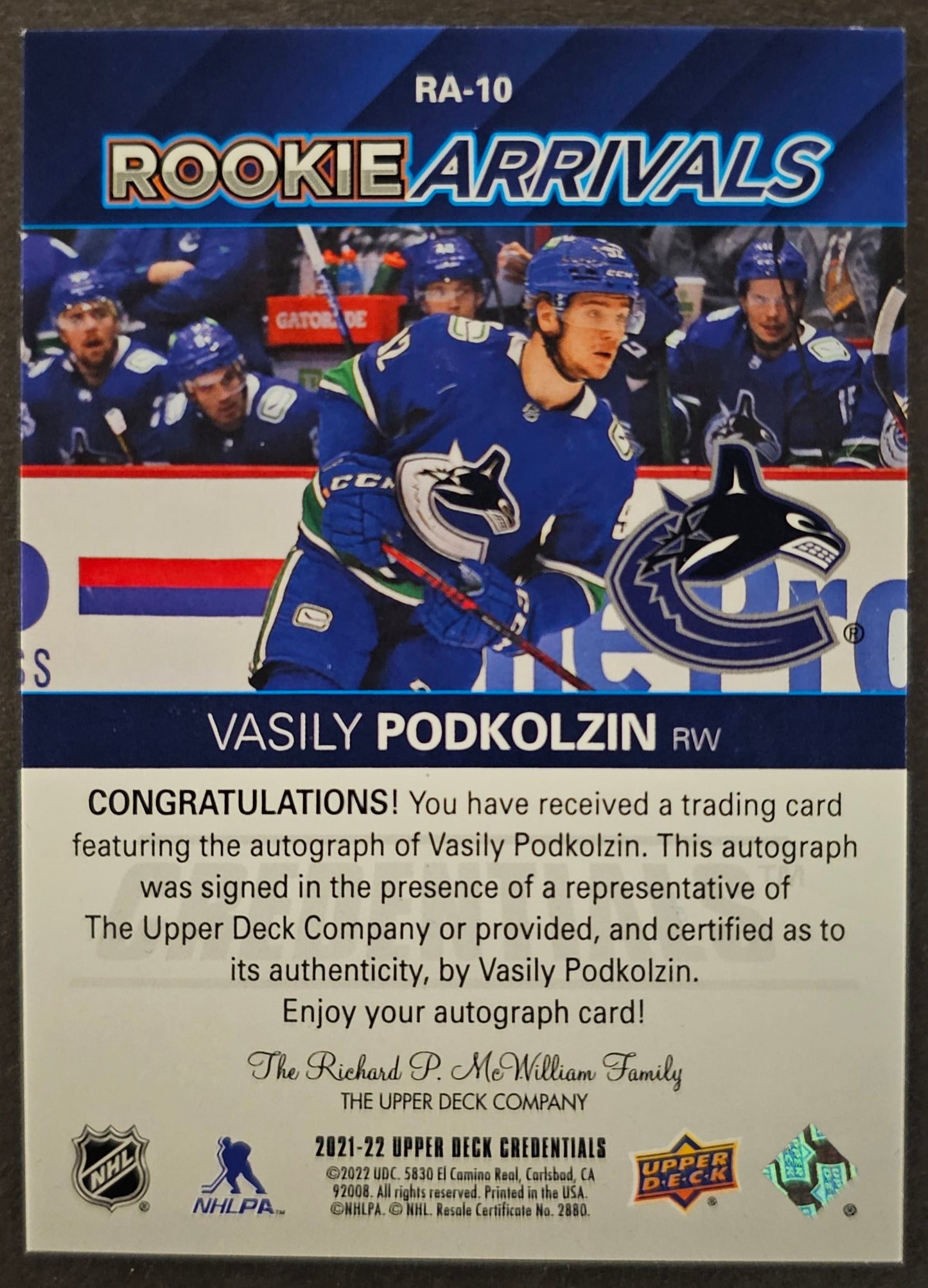 Vasily Podkolzin Rookie Arrivals Auto - 2021/22 Credentials