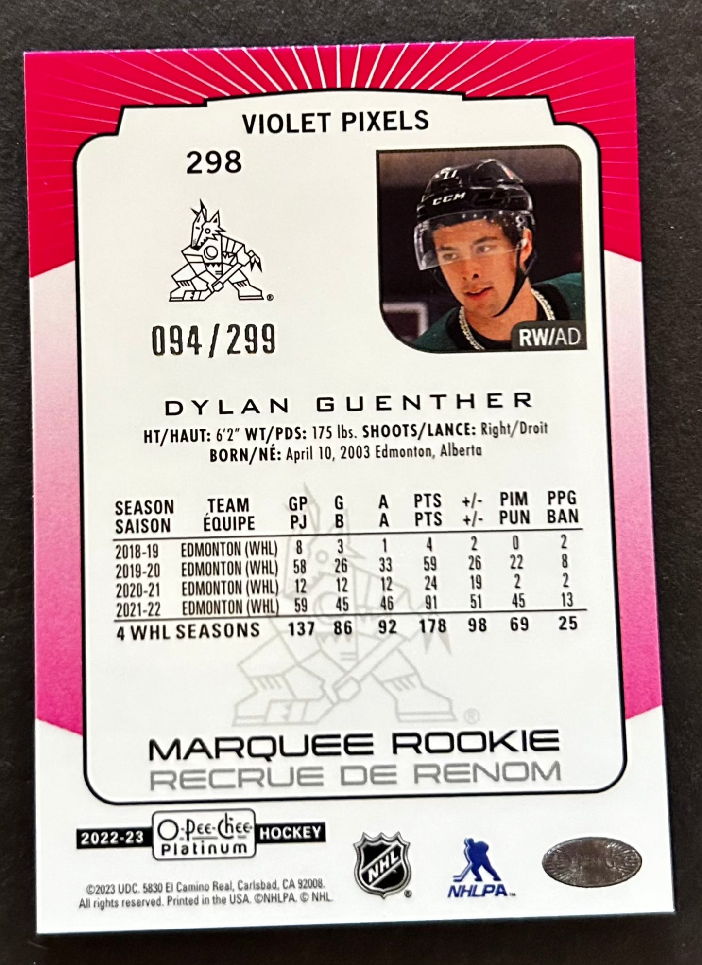 Dylan Guenther Marquee Rookie Violet Pixels /299 - 2022 O-Pee-Chee Platinum