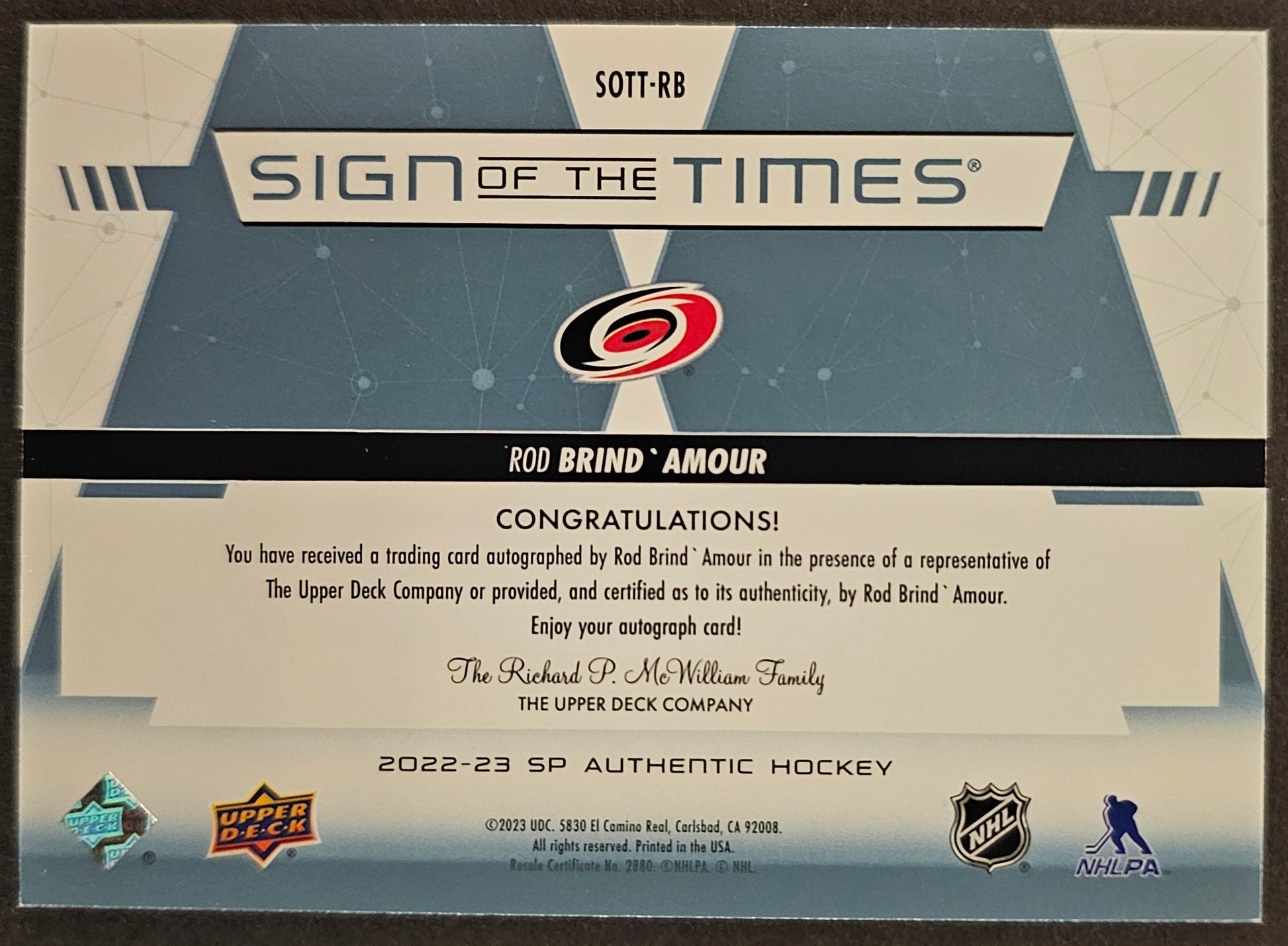 Rod Brind'Amour Sign Of The Time Auto - 2022/23 SP Authentic