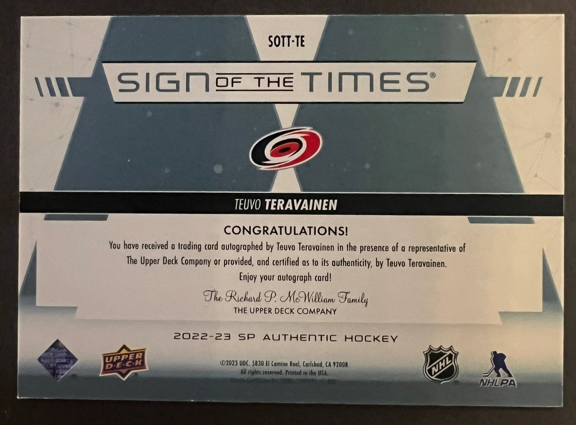 Teuvo Teravainen Sign Of The Times Auto - 2022/23 SP Authentic