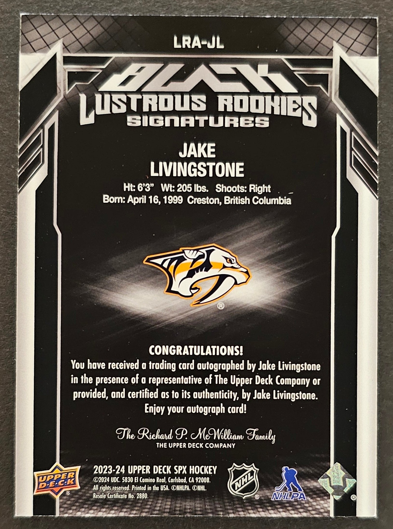 Jake Livingstone Lustrous Rookies Signatures /299 - 2023/24 SPX 