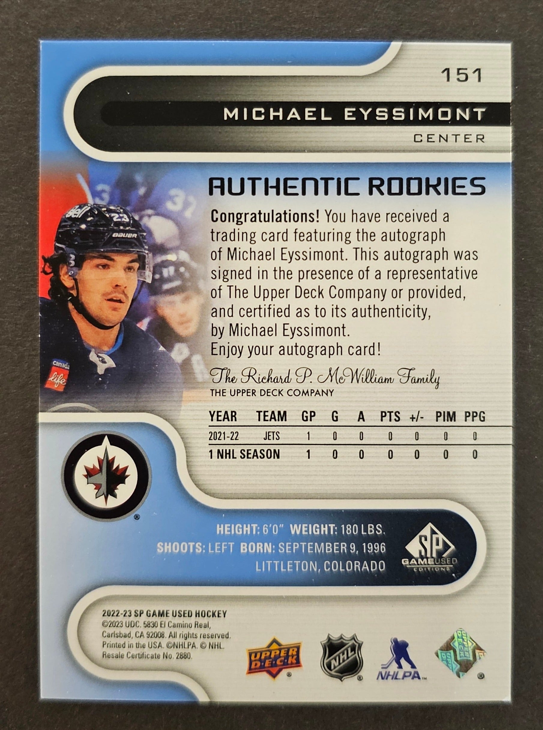 Michael Eyssimont Authentic Rookies Auto - 2022/23 SP Game Used