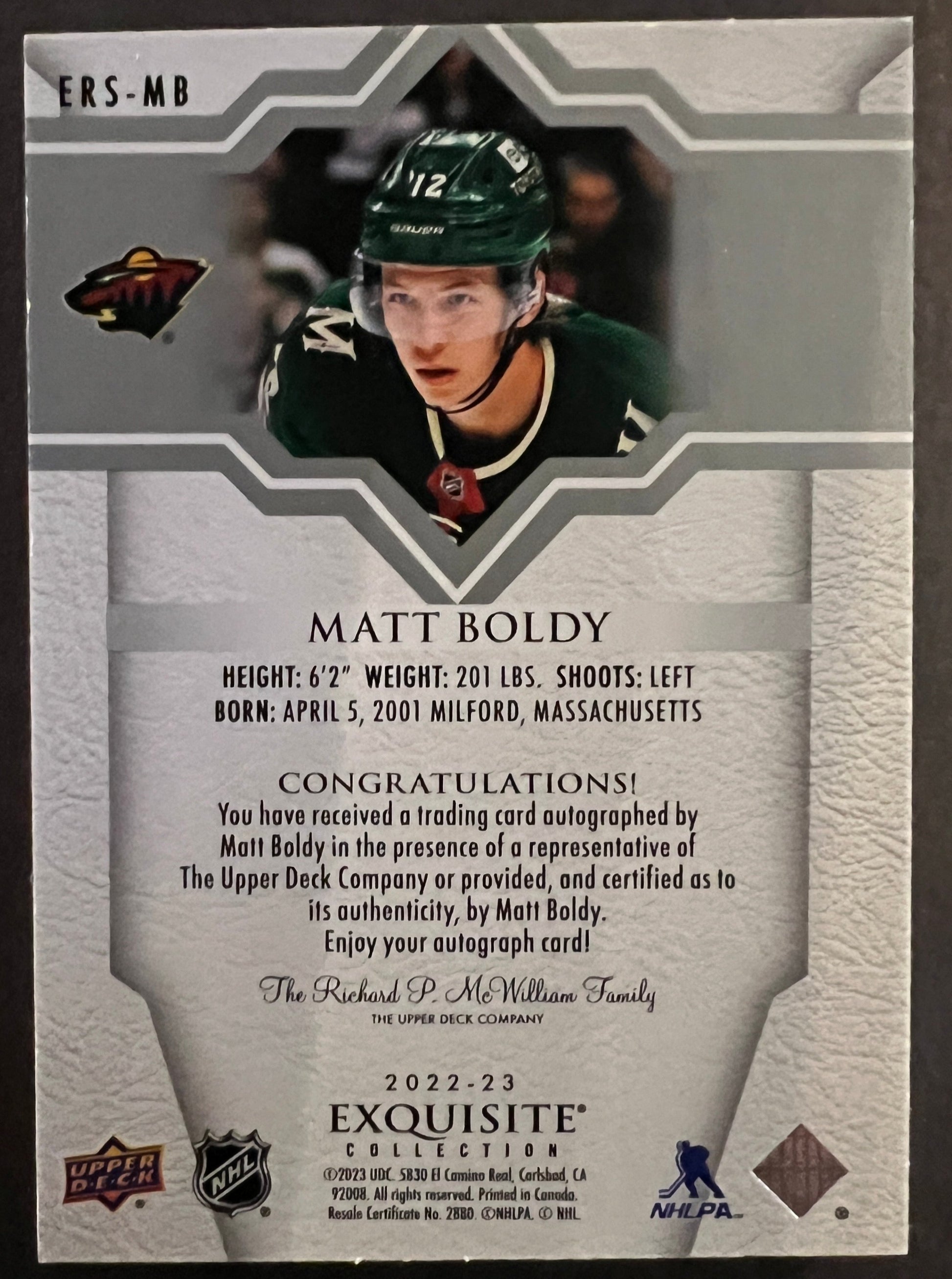 Matt Boldy Exquisite Collection Rookie Auto /99 - 2022/23 Ice