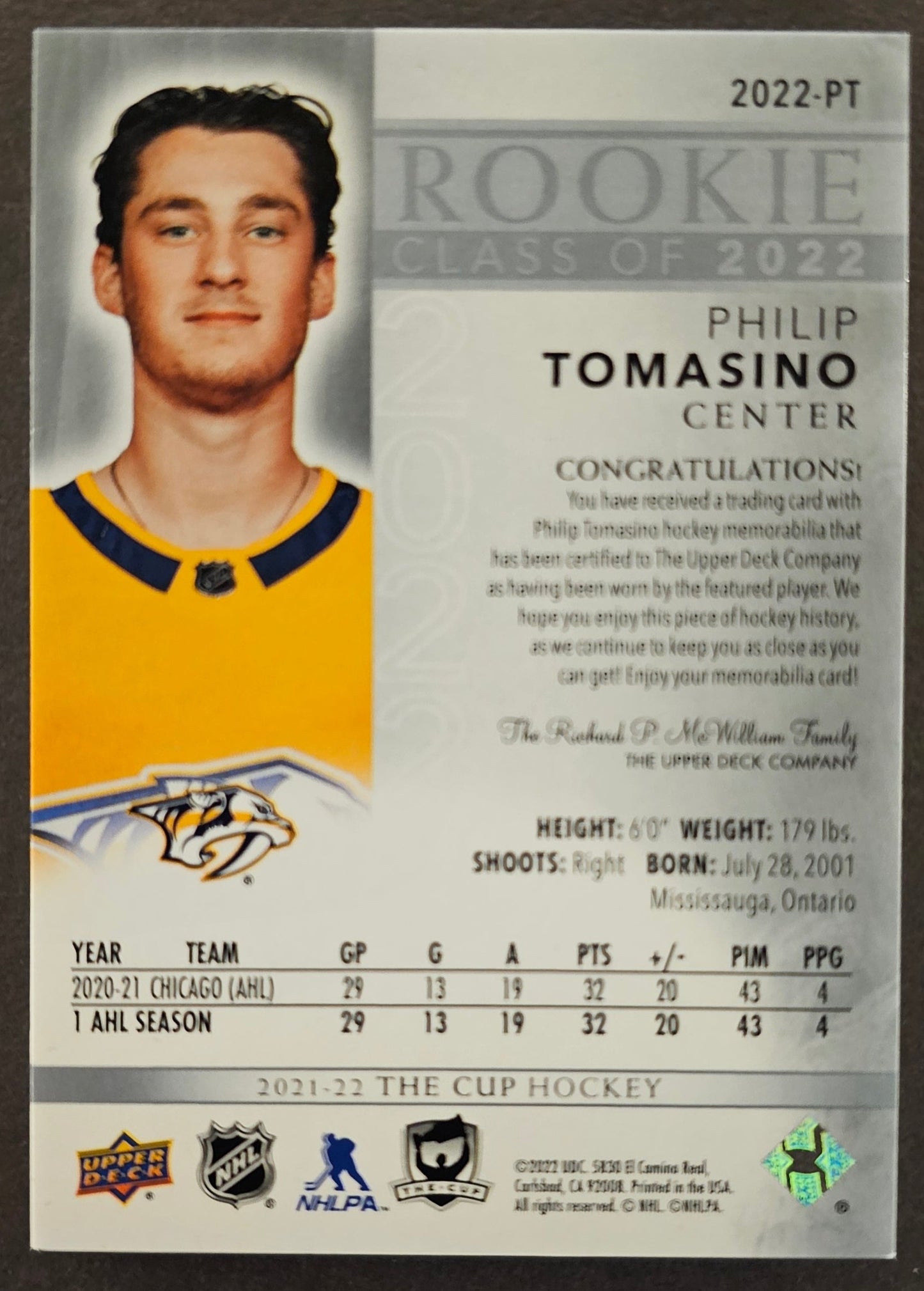 Philip Tomasino Class of 2022 Rookie Patch /49 - 2021/22 The Cup