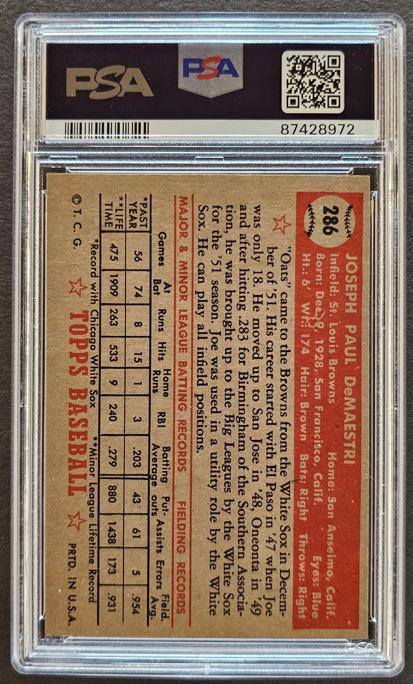 Joe DeMaestri #286 Graded PSA 6 - 1952 Topps