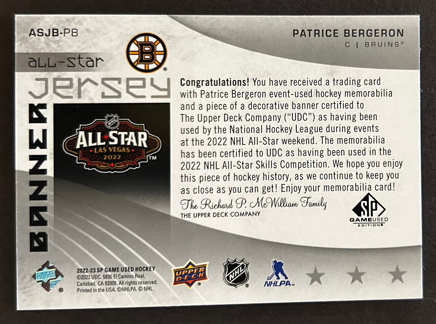 Patrice Bergeron All Star Jersey Banner - 2022/23 SP Game Used