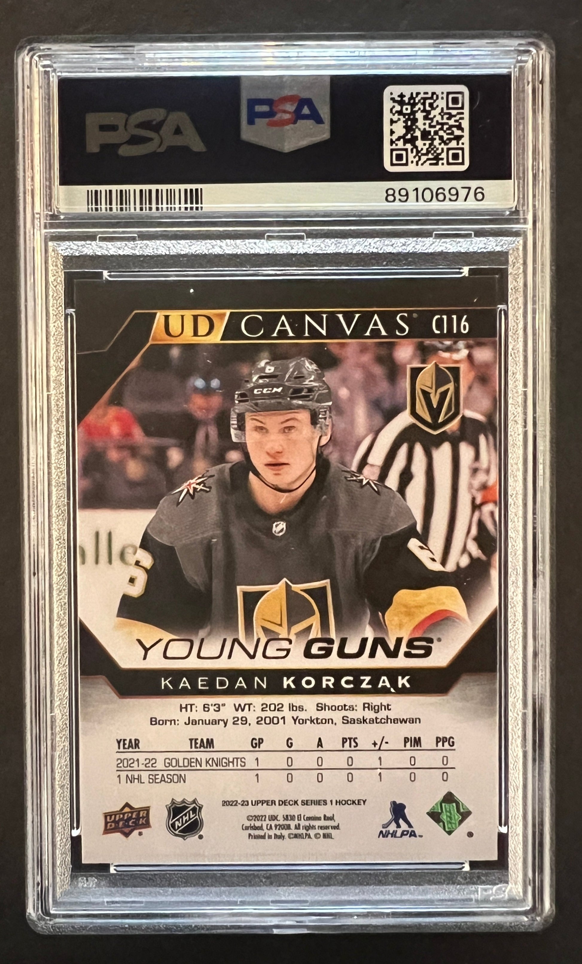 Kaedan Korczak Young Guns Rookie Canvas B/W #C116 - PSA 10 - 2022/23 Series 1