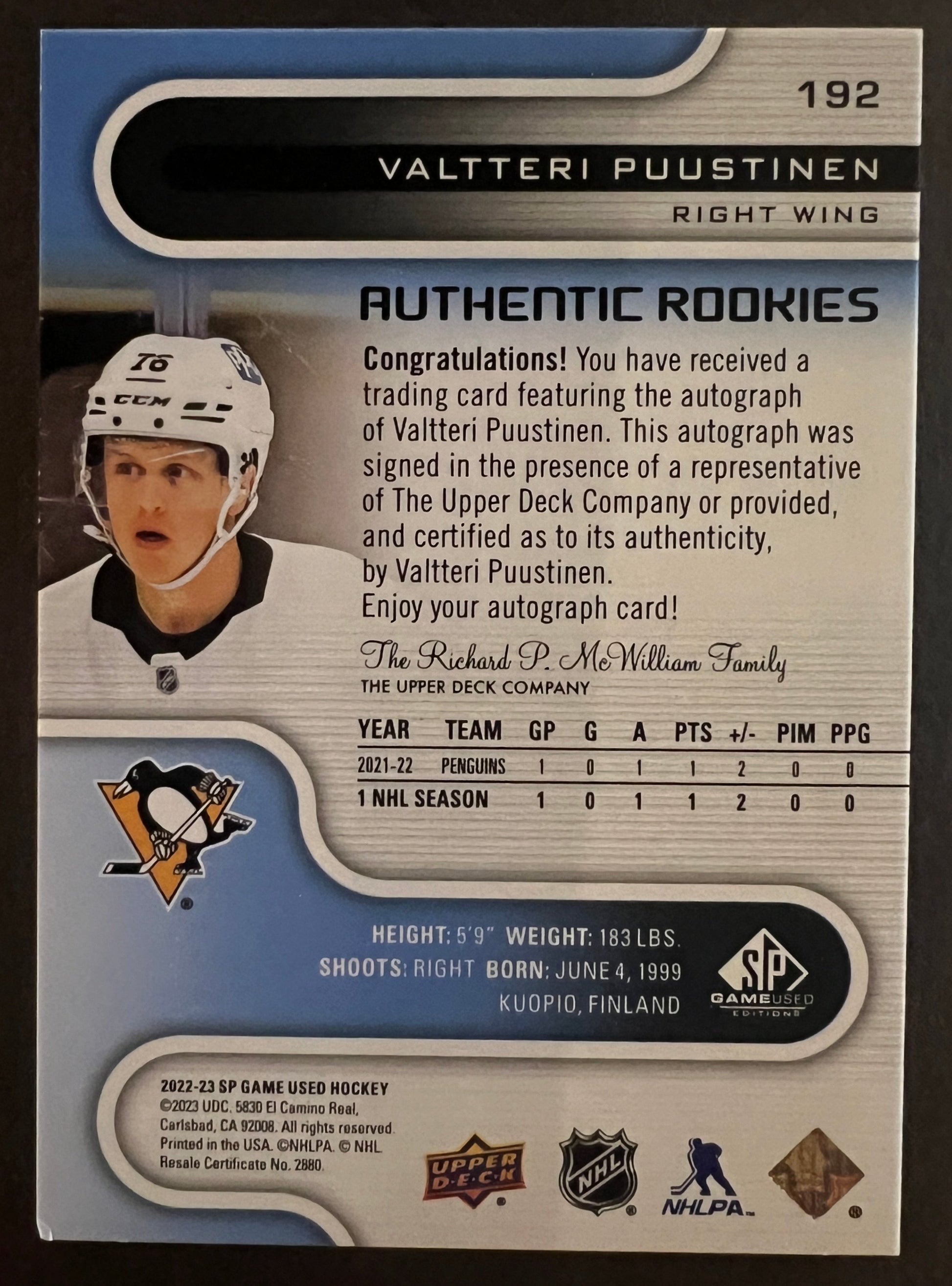 Valtteri Puustinen Authentic Rookies Auto - 2022/23 SP Game Used