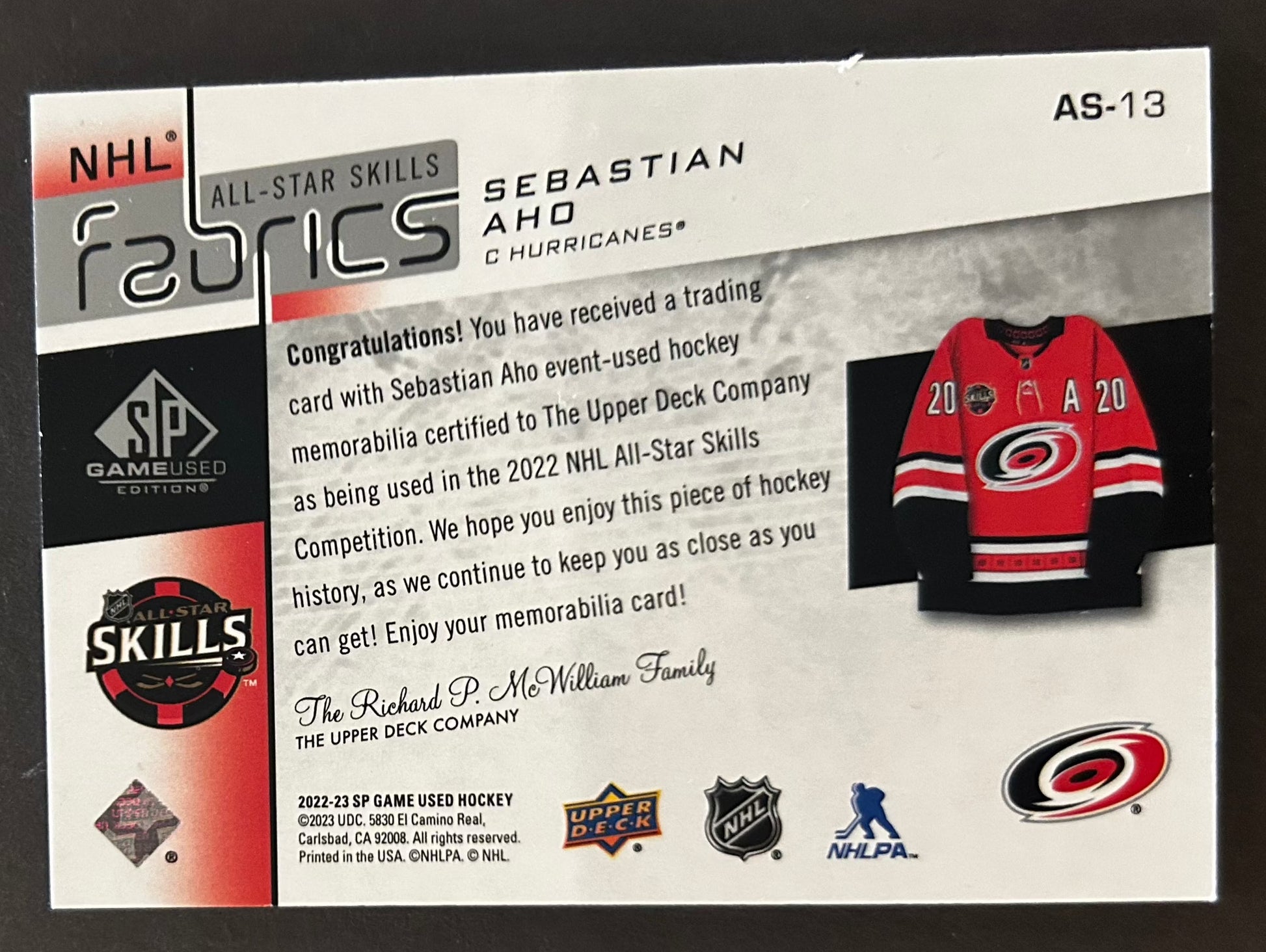 Sebastian Aho All Star Skills Fabrics Jersey - 2022/23 SP Game Used