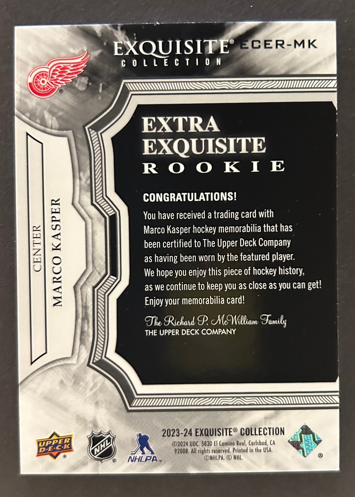 Marco Kasper Extra Exquisite Rookie /349 Jersey Patch - 2023/24 Black Diamond