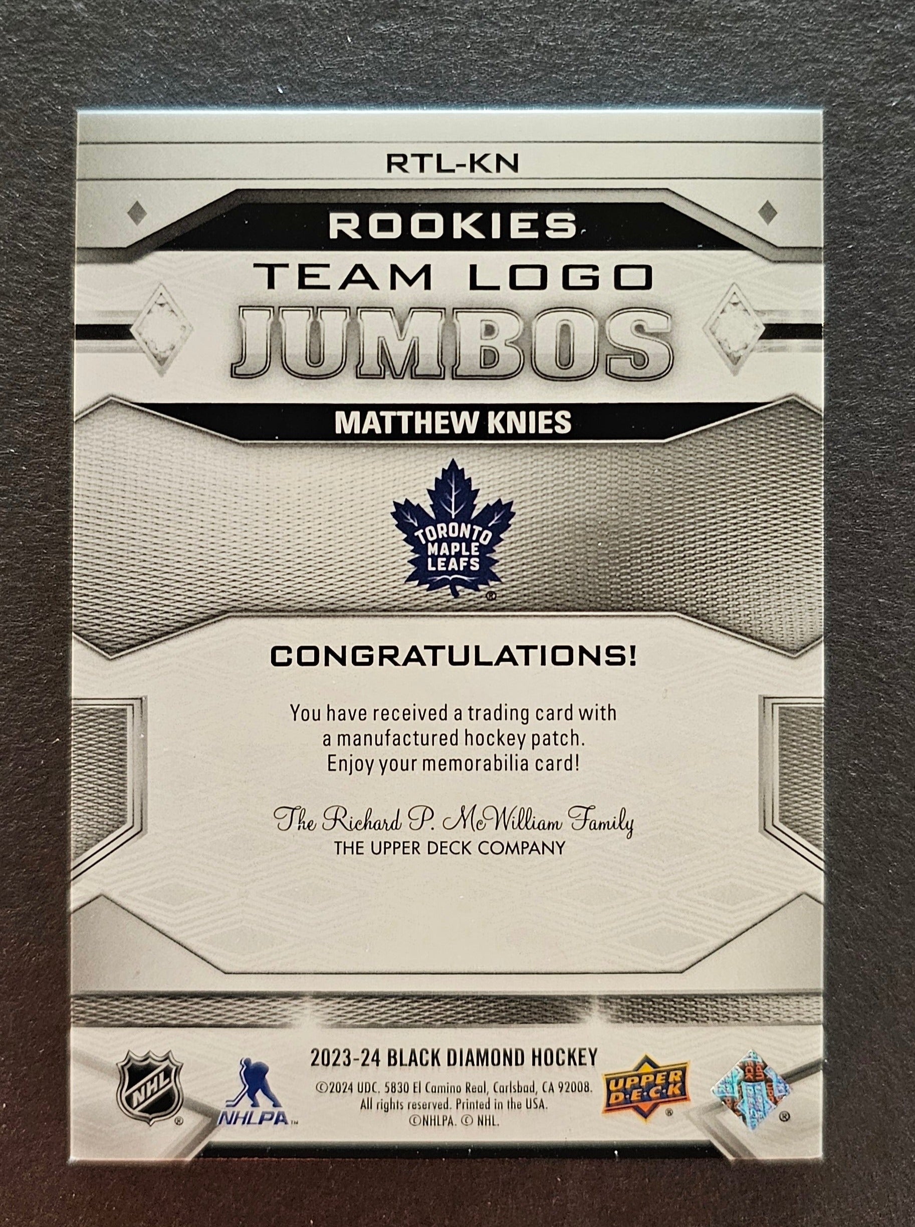 Matthew Knies Rookies Team Logo Jumbos - 2023/24 Black Diamond