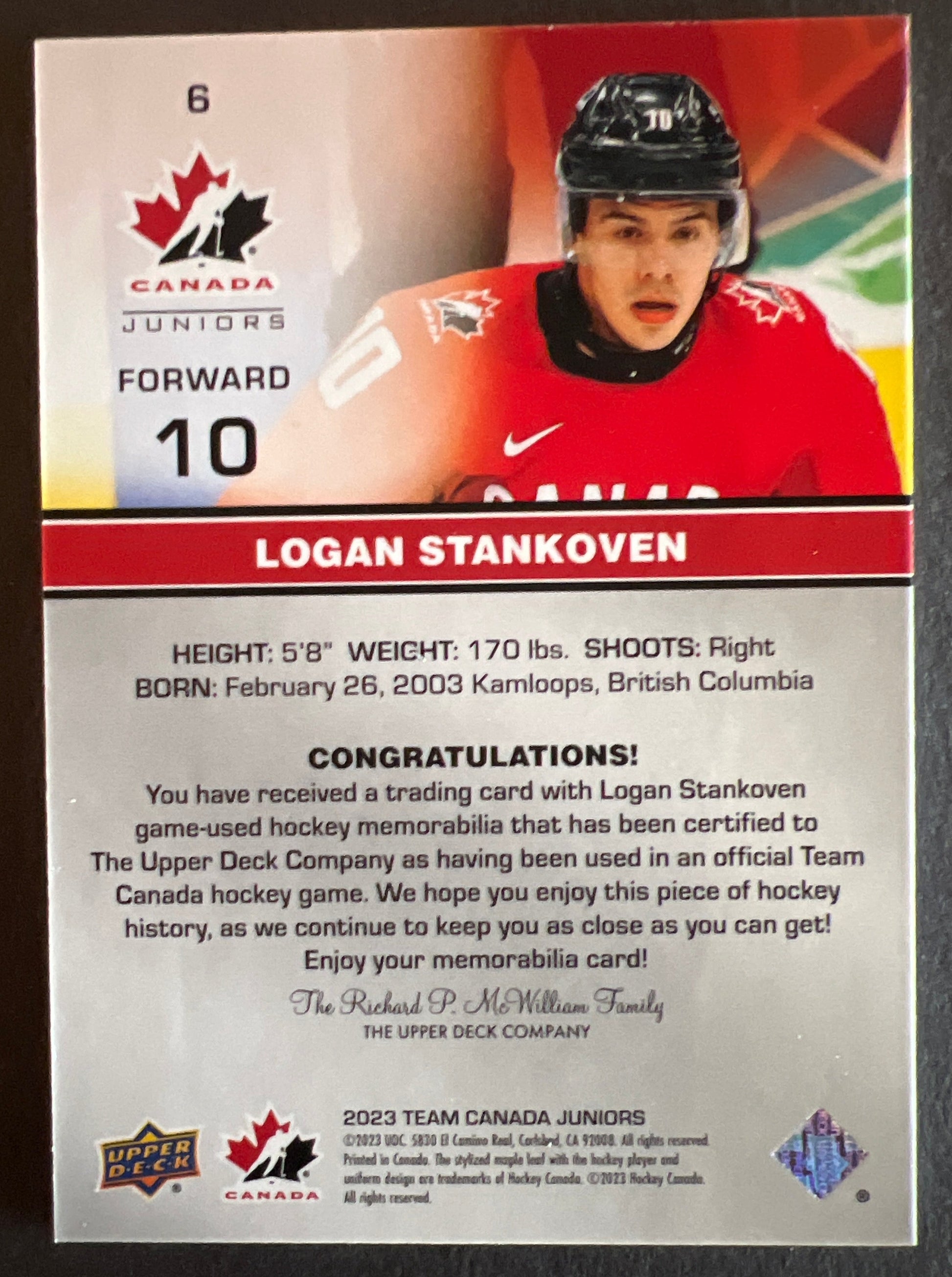 Logan Stankoven Jersey - 2023 Team Canada Juniors