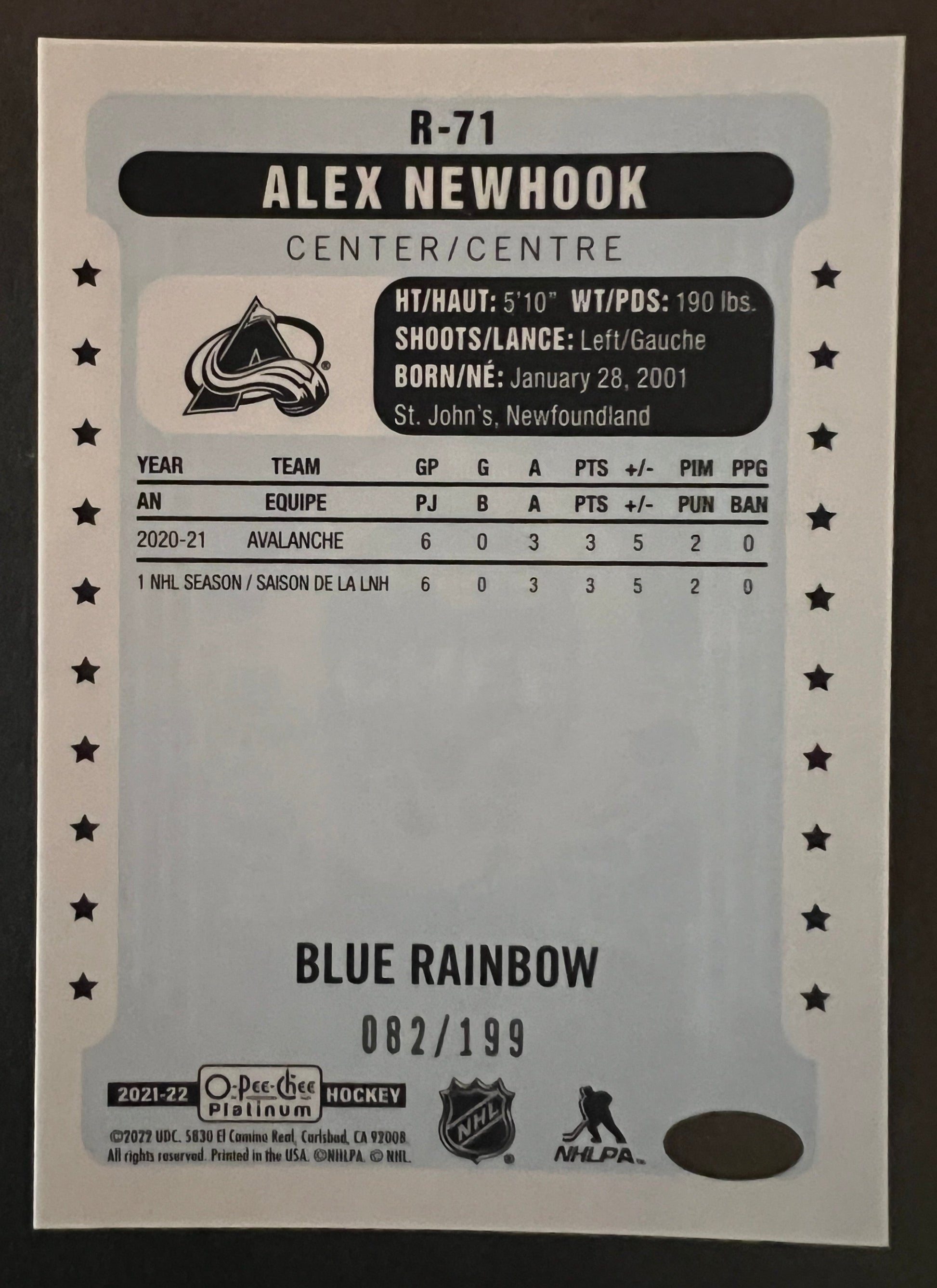 Alex Newhook Retro Rookie Blue Rainbow /199 - 2021/22 O-Pee-Chee Platinum