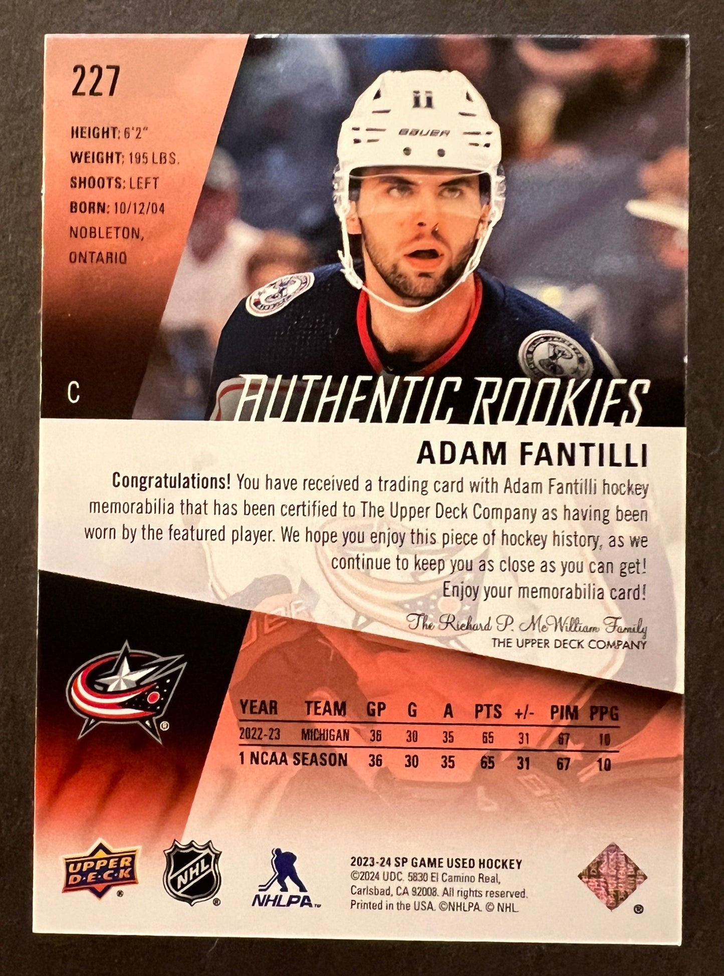 Adam Fantilli Authentic Rookies Jersey - 2023/24 SP Game Used