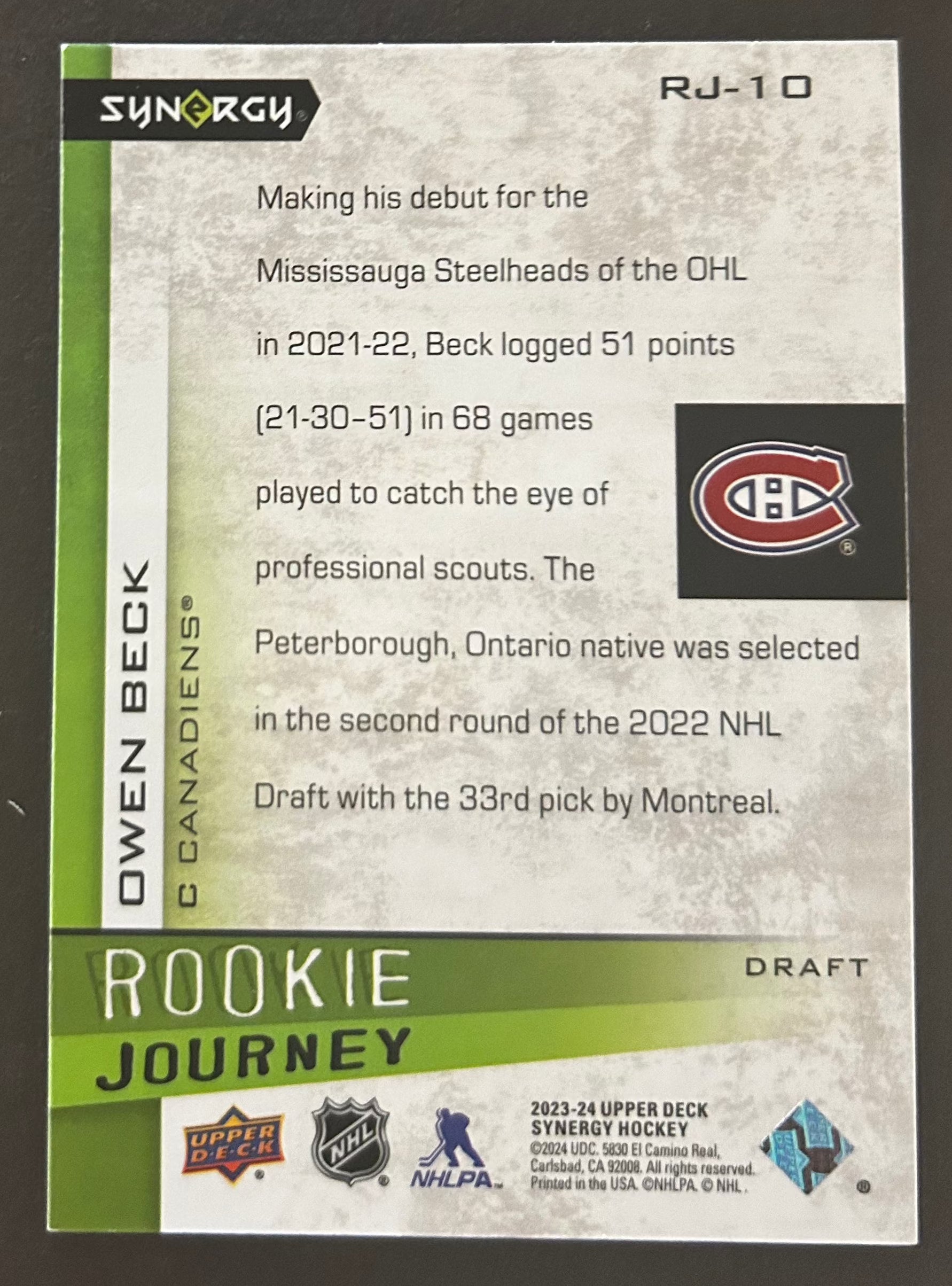 Owen Beck Rookie Journey /149 - 2023 Synergy